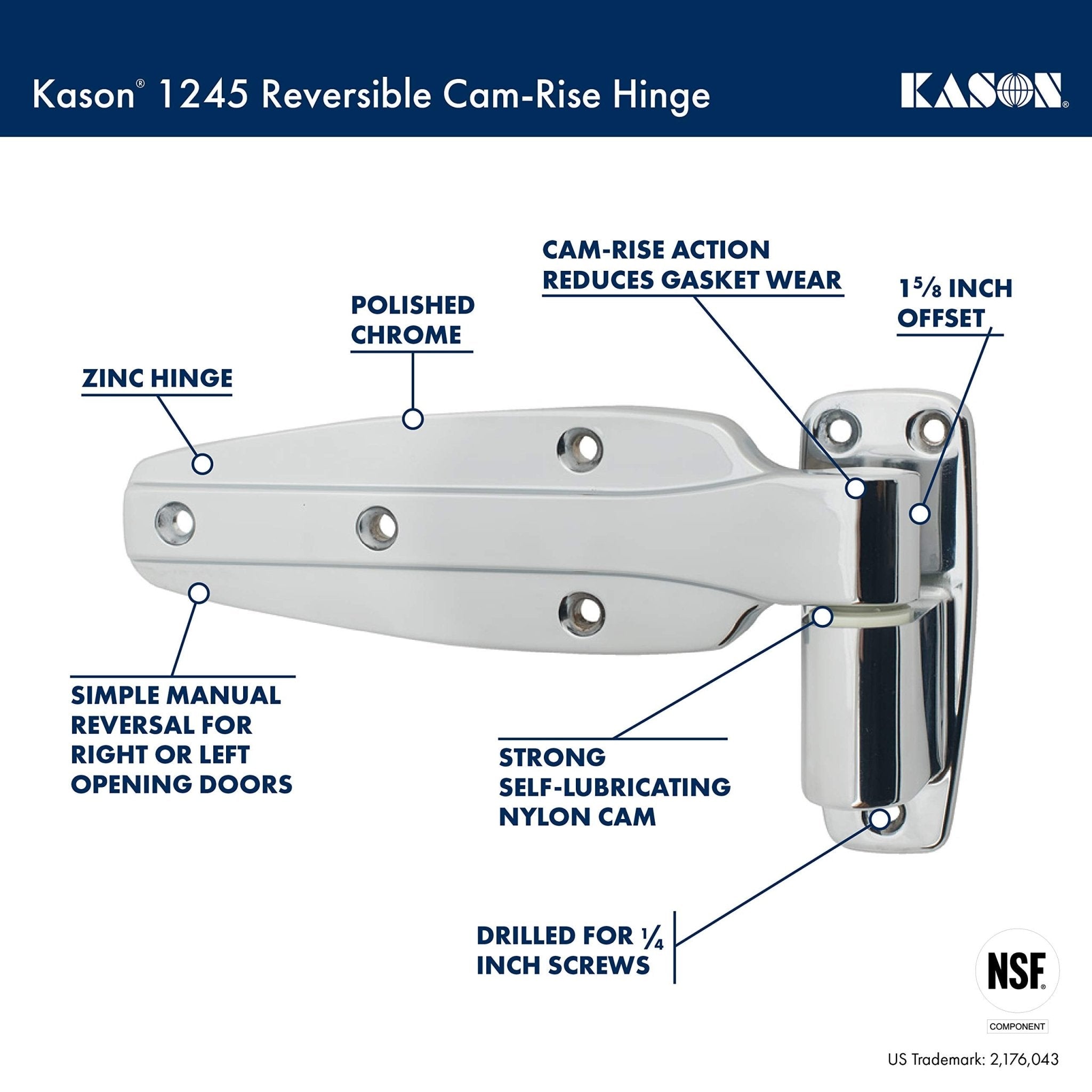 Kason 1245 Reversible Cam-Rise Hinge, Flush, 11245000028