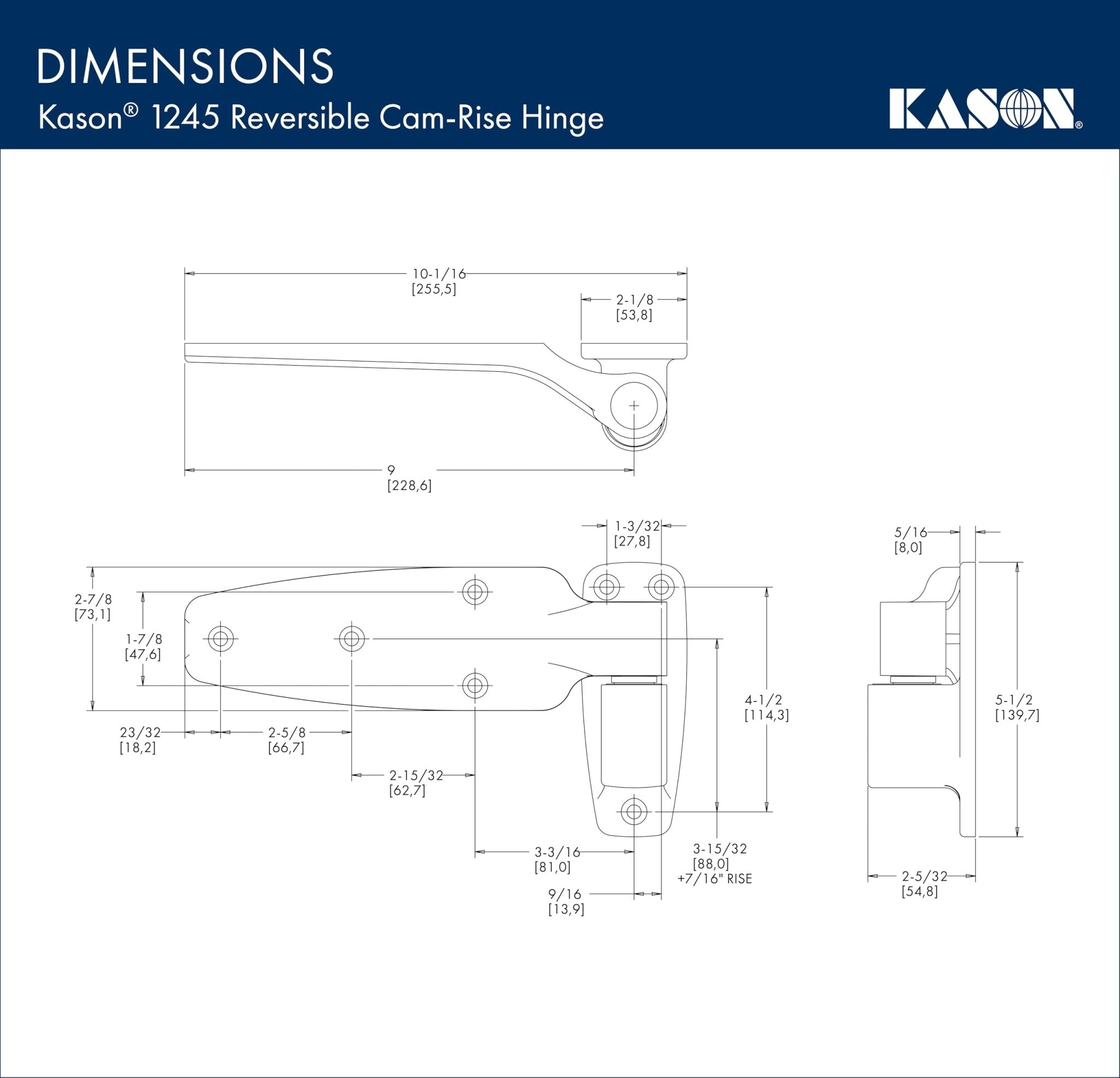 Kason 1245 Reversible Cam-Rise Hinge, Flush, 11245000028