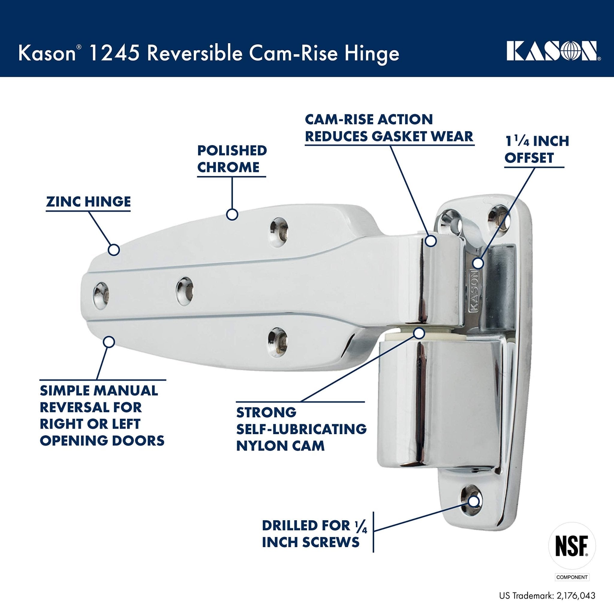 Kason 1245 Reversible Cam-Rise Hinge, Flush, 11245000028