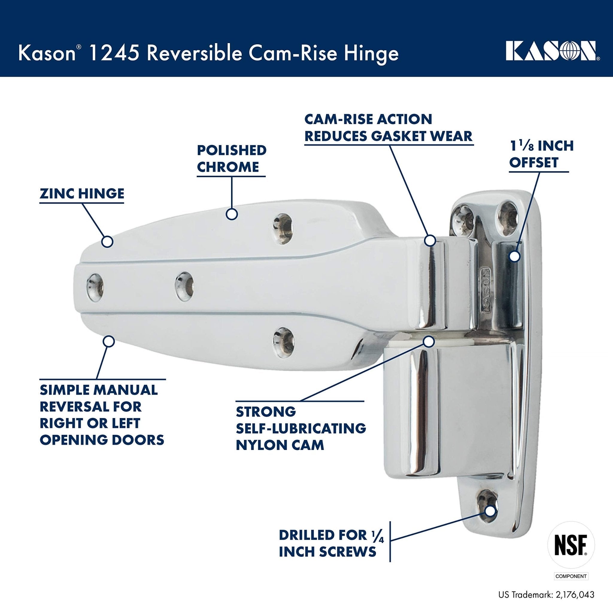 Kason 1245 Reversible Cam-Rise Hinge, Flush, 11245000028