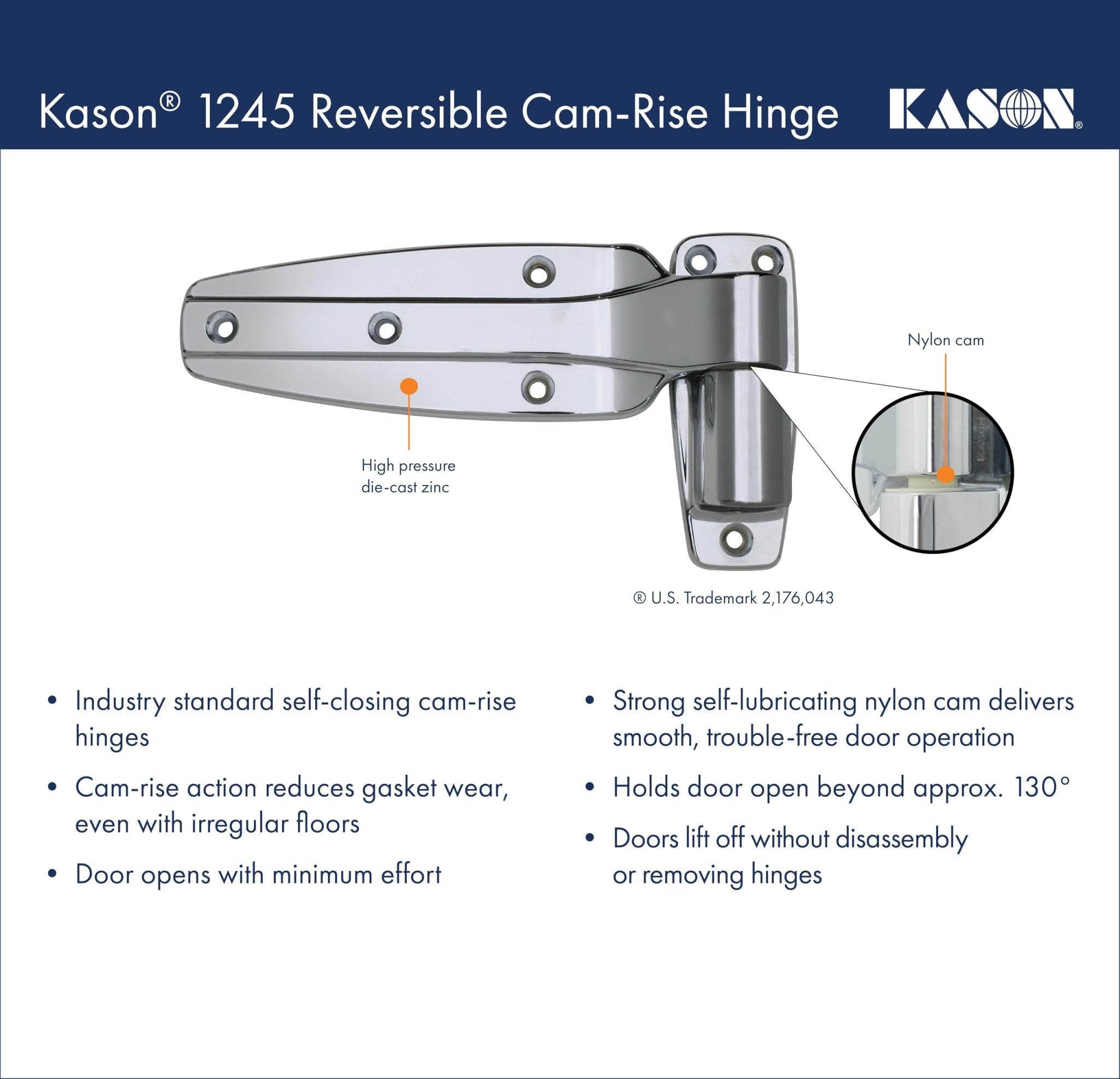 Kason 1245 Reversible Cam-Rise Hinge, Flush, 11245000028