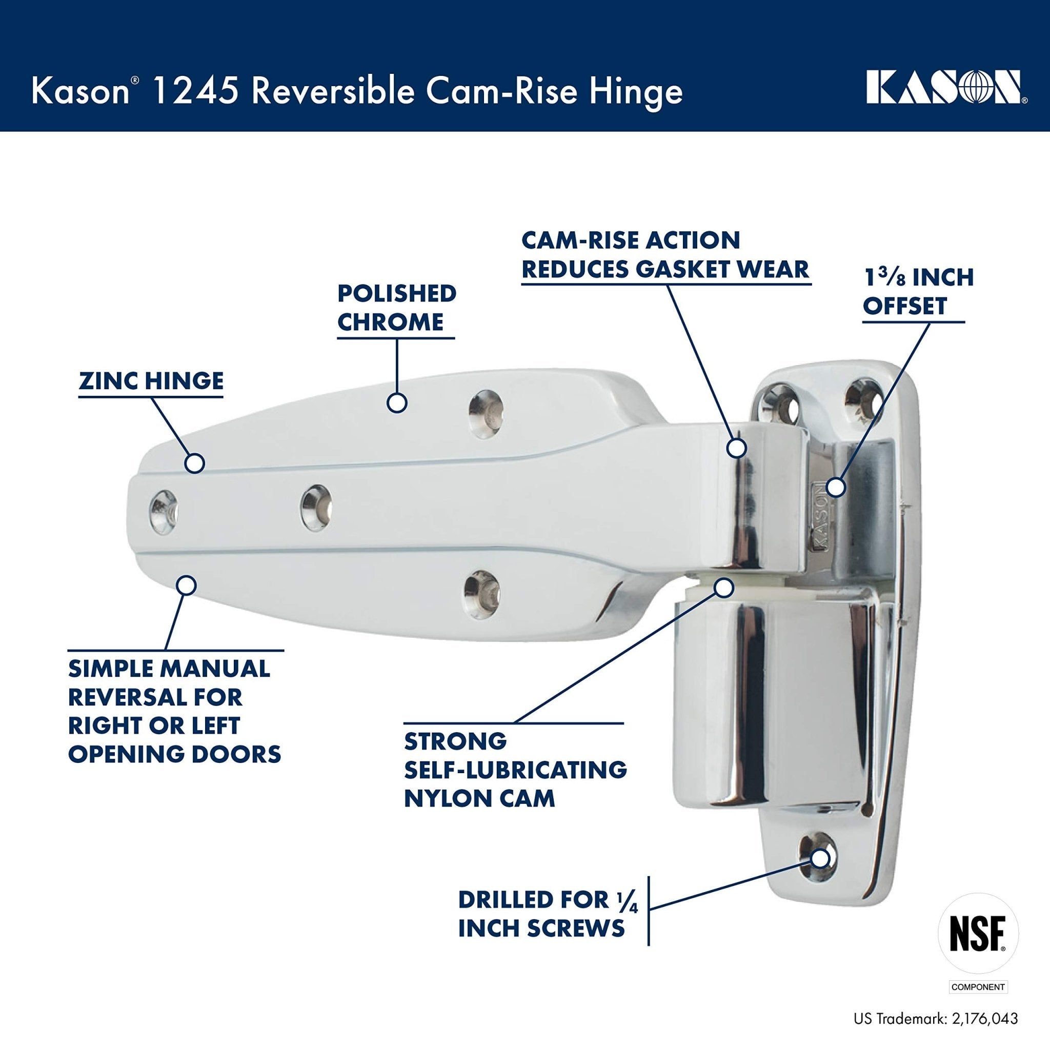 Kason 1245 Reversible Cam-Rise Hinge, Flush, 11245000028