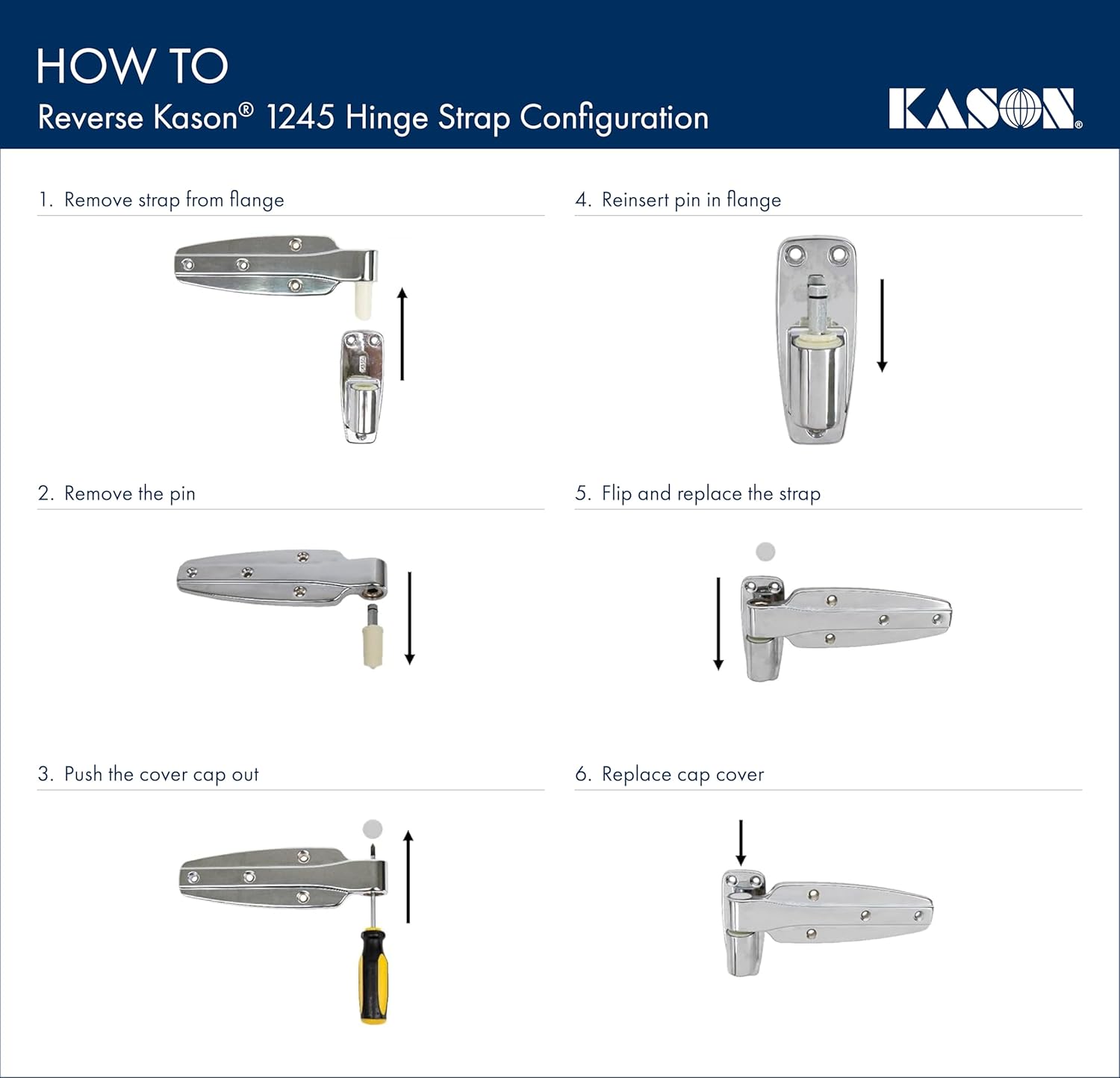 Kason 1245 Reversible Cam-Rise Hinge, Flush Offset, Brushed Chrome Finish, 11245000088
