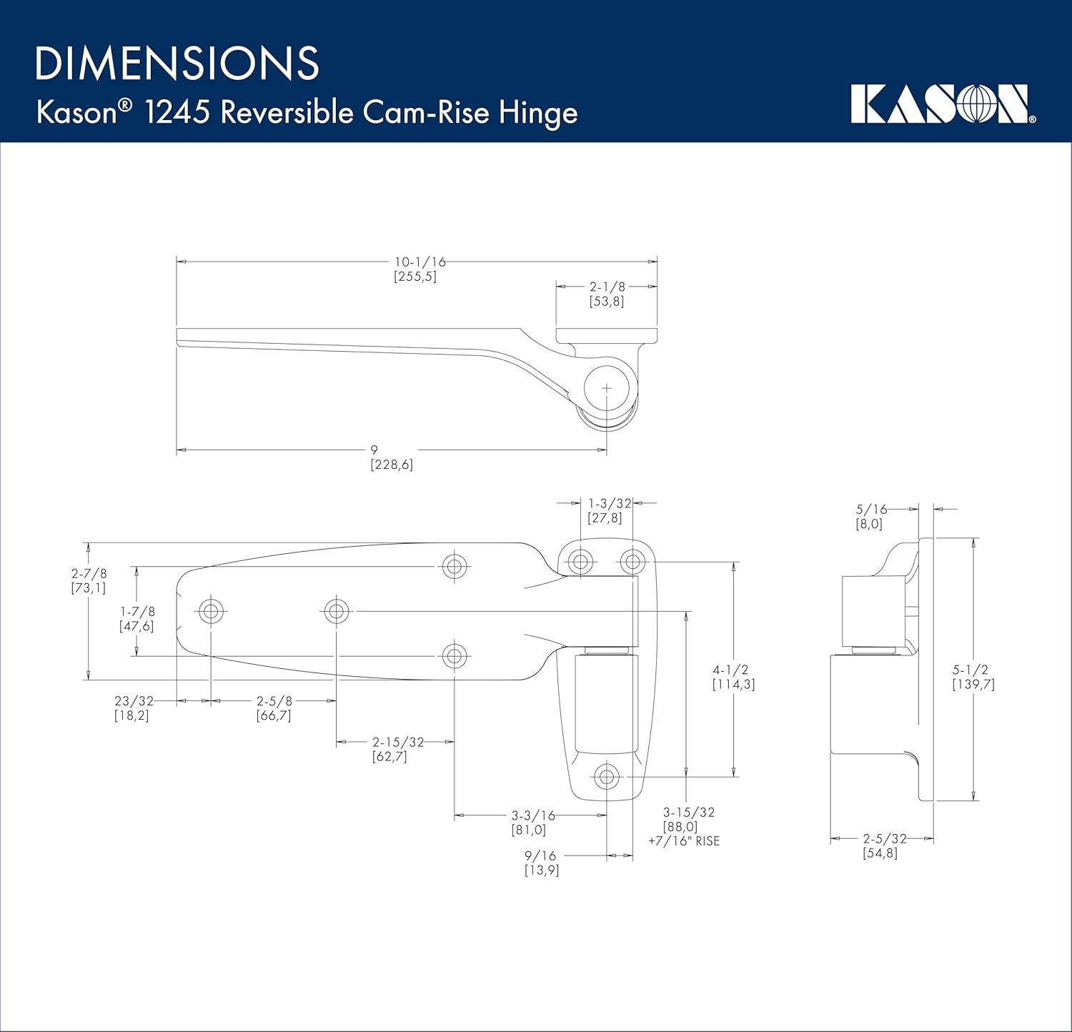 Kason 1245 Reversible Cam-Rise Hinge, Flush Offset, Brushed Chrome Finish, 11245000088