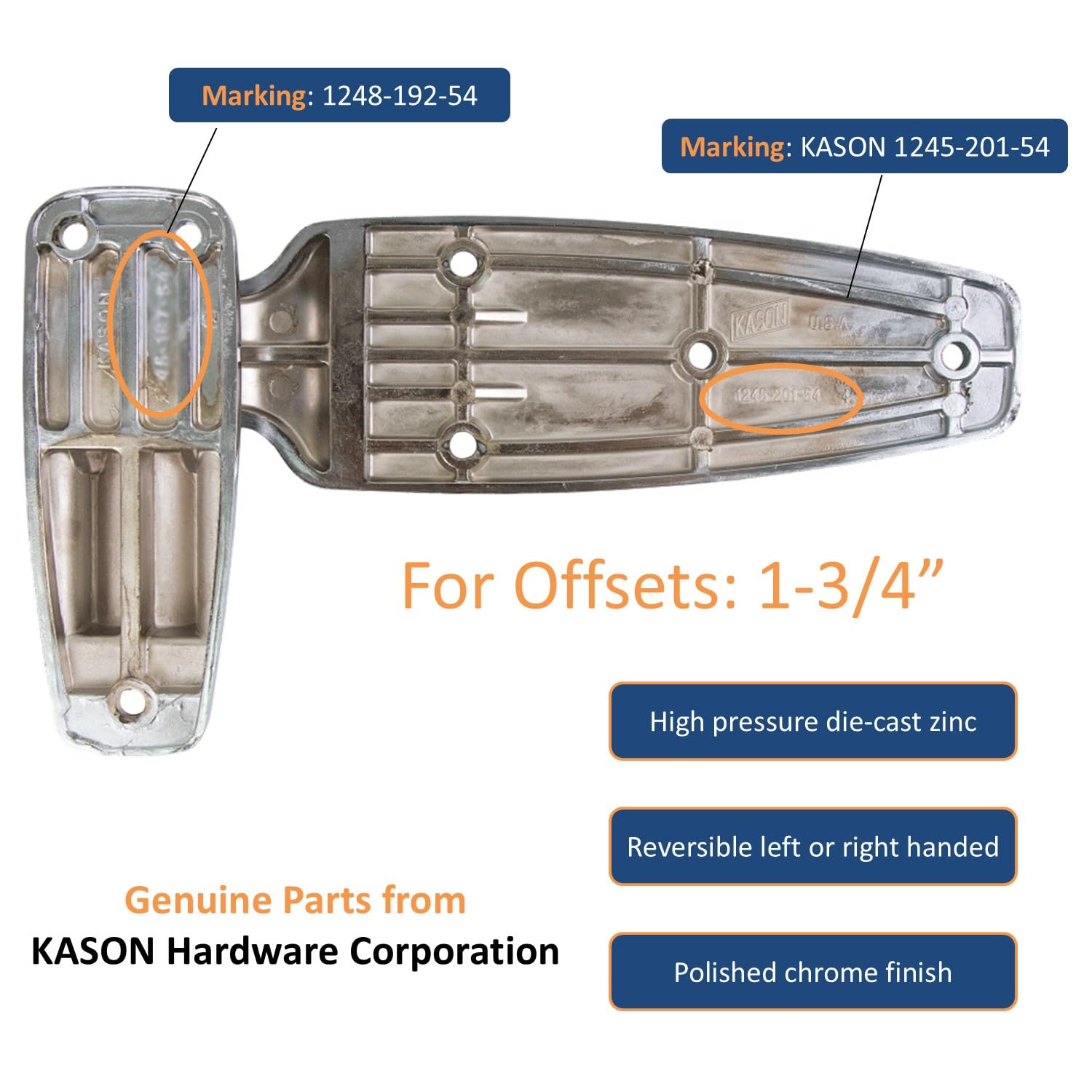 Kason 1248 Reversible Spring-Assisted Cam-Lift Hinge Chrome Finish for Walk-in Freezer Cooler Refrigerator (Flush)