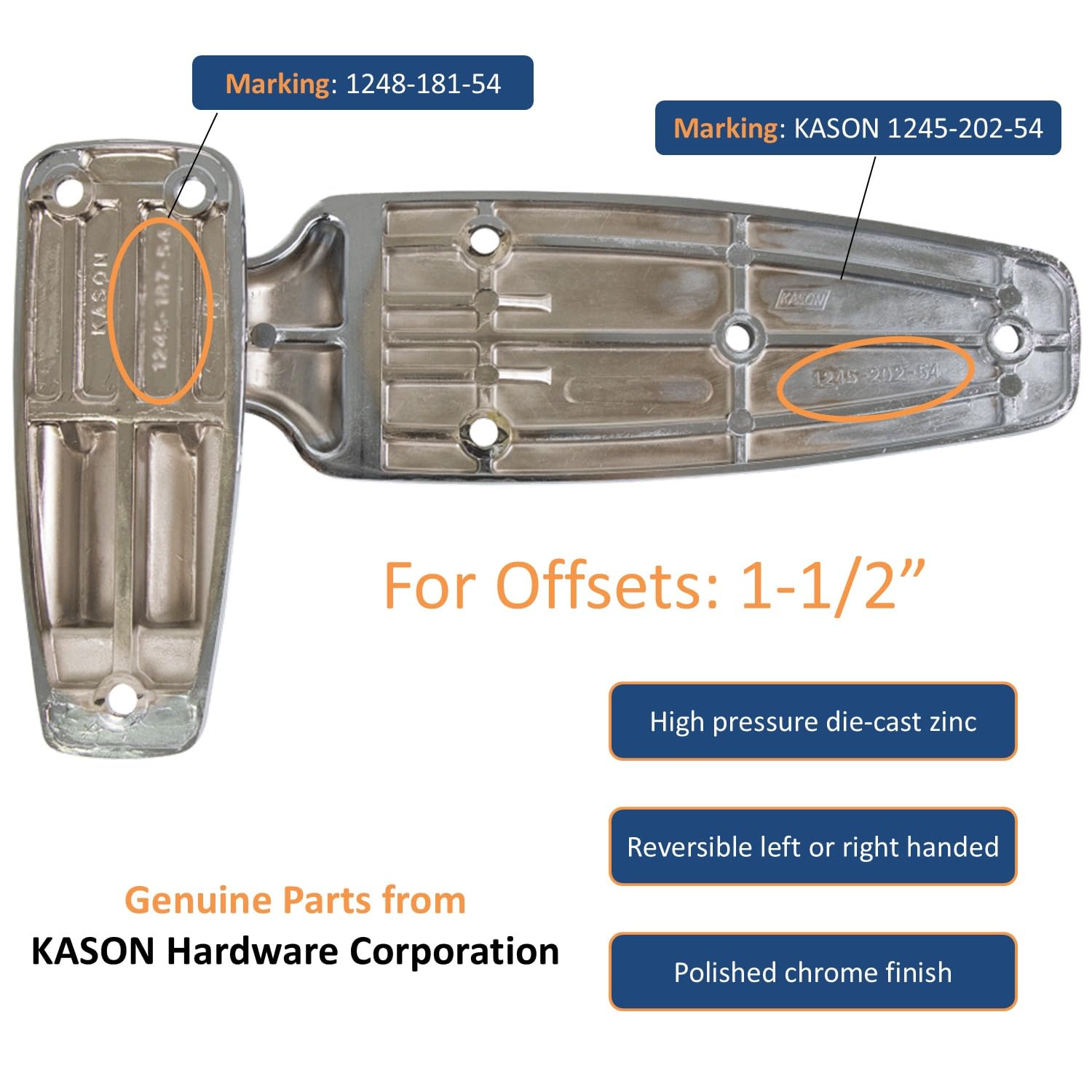 Kason 1248 Reversible Spring-Assisted Cam-Lift Hinge Chrome Finish for Walk-in Freezer Cooler Refrigerator (Flush)