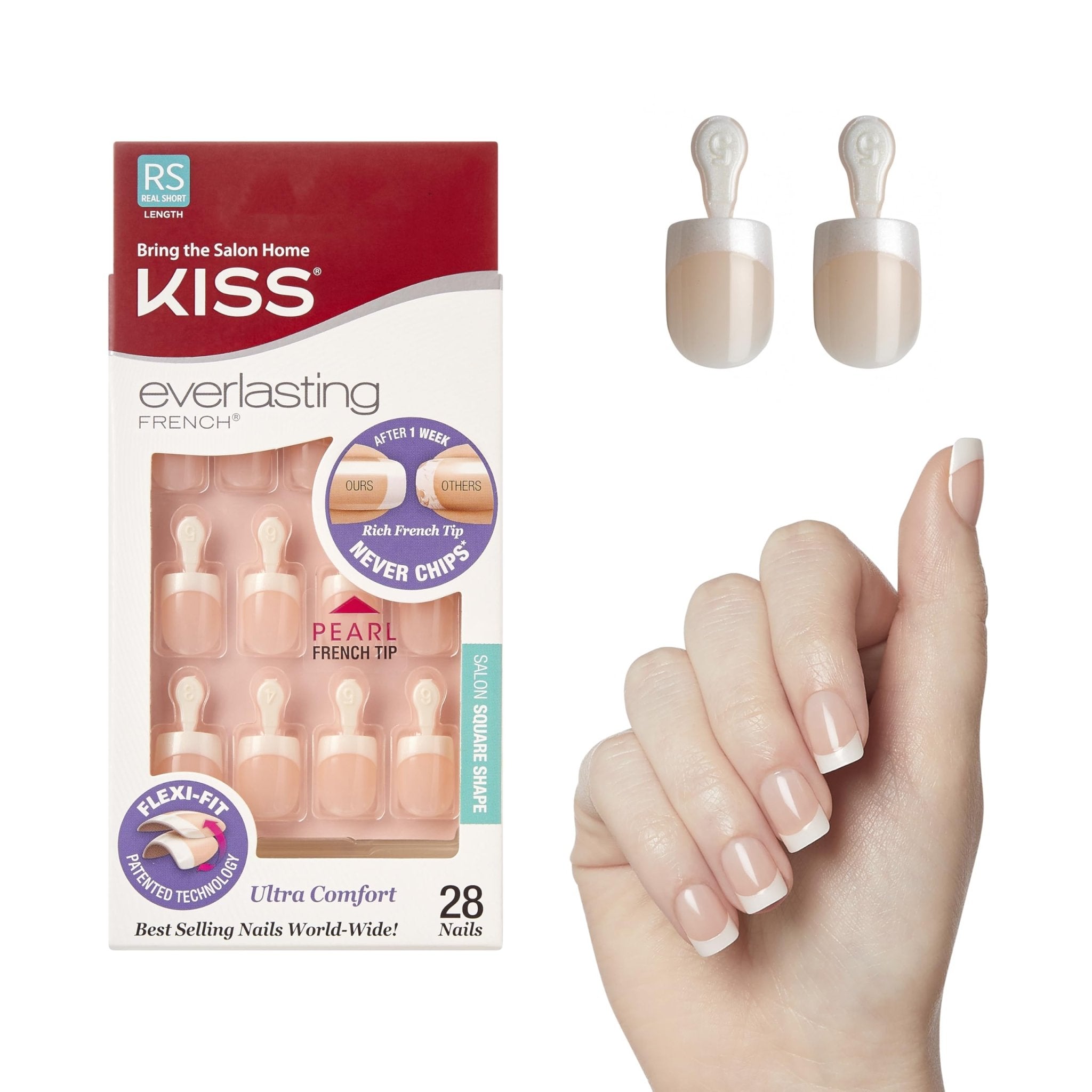 Kiss Everlasting French Nail Manicure, Chip-Free with Flexi-Fit Technology, Real Short, "Endless", Nail Kit with Pink Nail Glue (Net Wt. 2 g / 0.07oz.), Mini File, Manicure Stick, and 28 Fake Nails