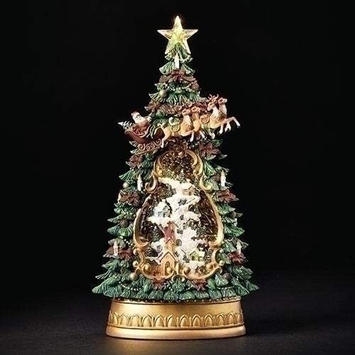 Holiday Village Tree and Church LED Swirl Water Globe