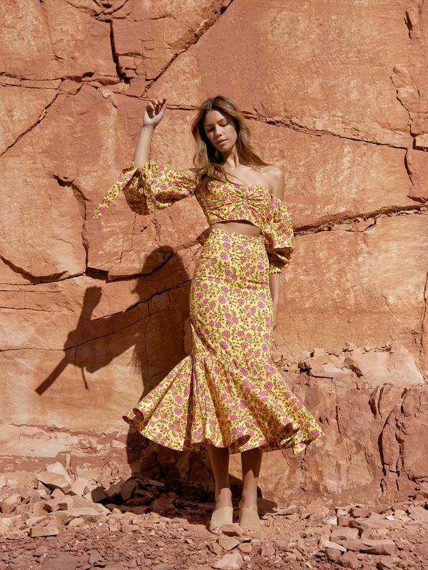 Patsy Fluted Pencil Skirt - Amber & Fuchsia Floral