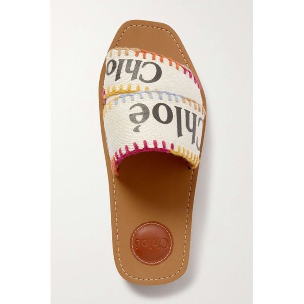 Chloe Women White Woody Embroidered Logo-Print Canvas Slides Sandals