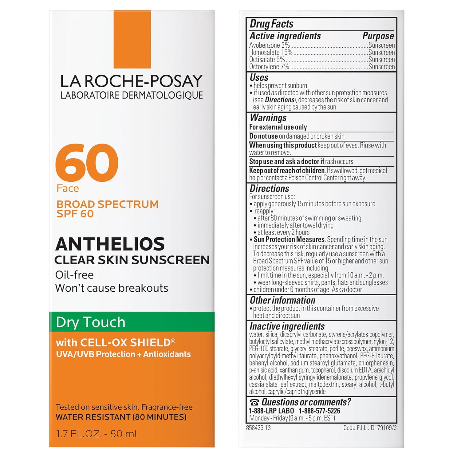 La Roche-Posay Anthelios Clear Skin Sunscreen Dry Touch SPF 60, Oil Free Sunscreen For Face, Oil Absorbing, Broad Spectrum SPF + Antioxidants, Non-Greasy, Oxybenzone Free, Travel Size
