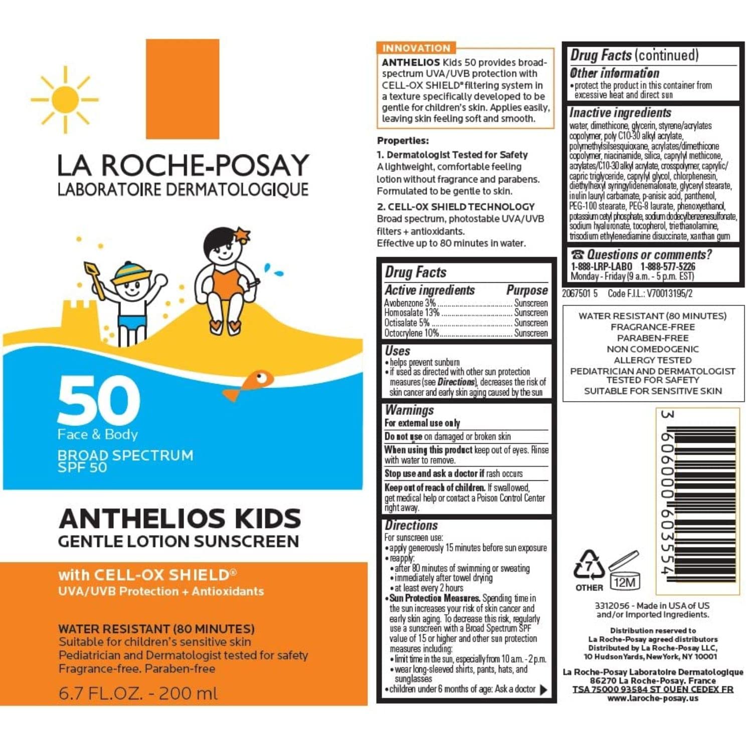 La Roche-Posay Anthelios Kids Gentle Lotion Sunscreen SPF 50, Broad Spectrum SPF + Antioxidants, Sunscreen For Kids, Octinoxate & Oxybenzone-Free, Pediatrician Tested, Non Comedogenic, Oil Free
