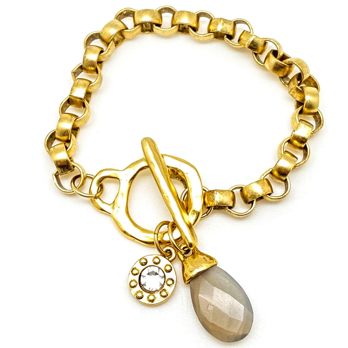 Gold Moonstone and Crystal Charm Bracelet