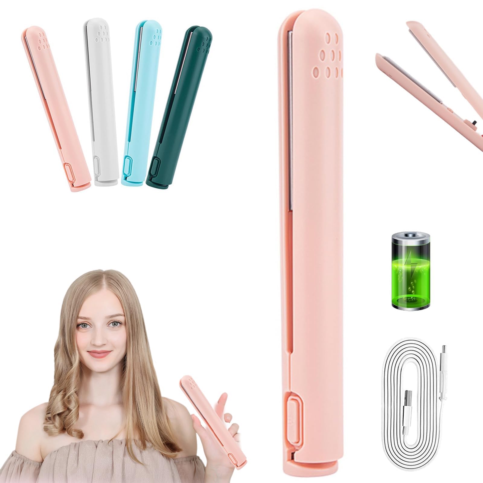 Life Sunny Mini Rechargeable Cordless Curling Iron - Dual Purpose for Short Hair (White)