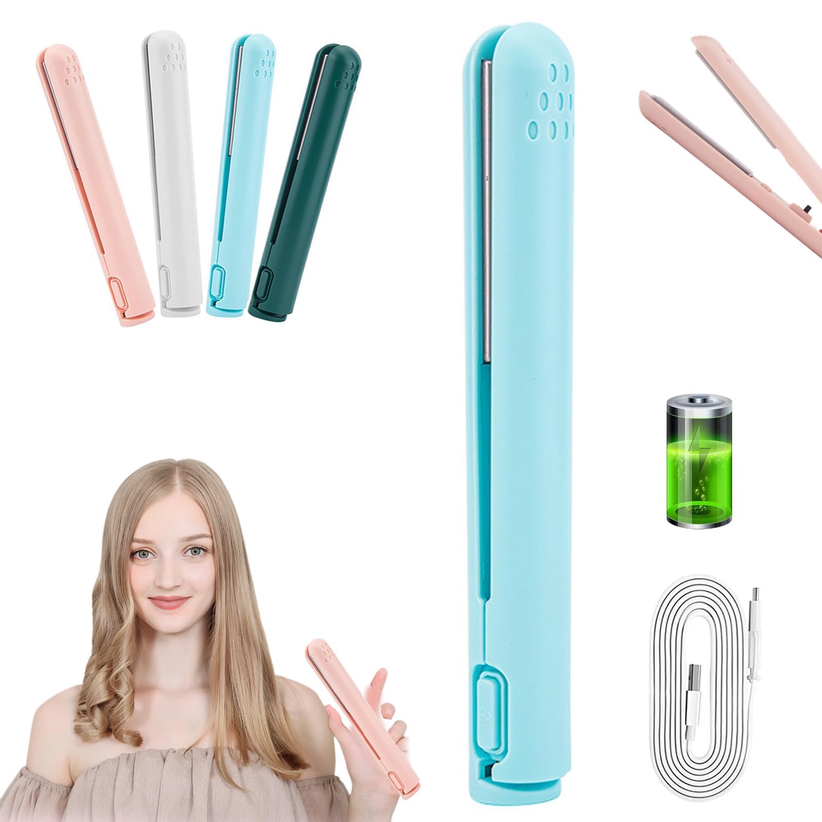 Life Sunny Mini Rechargeable Cordless Curling Iron - Dual Purpose for Short Hair (White)