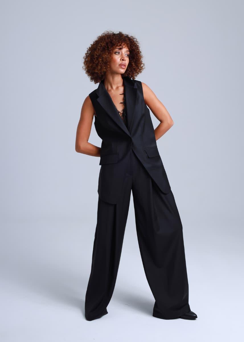Broadway Liza Wid-Leg Virgin Wool Pants in Deep Black