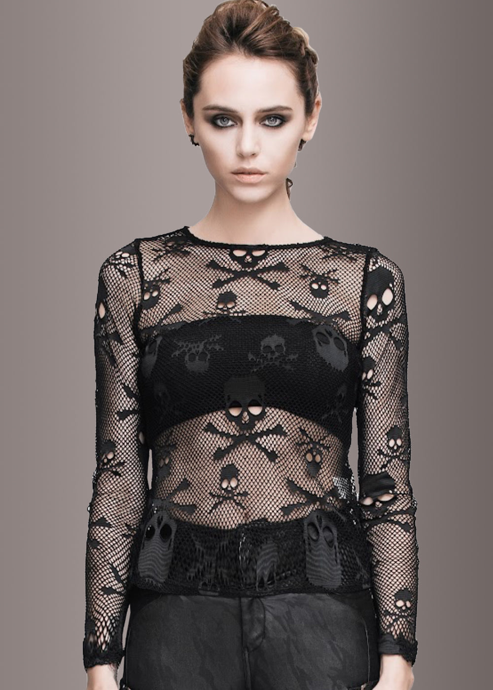 Sheer Long Sleeve Fishnet Top with Skull Design