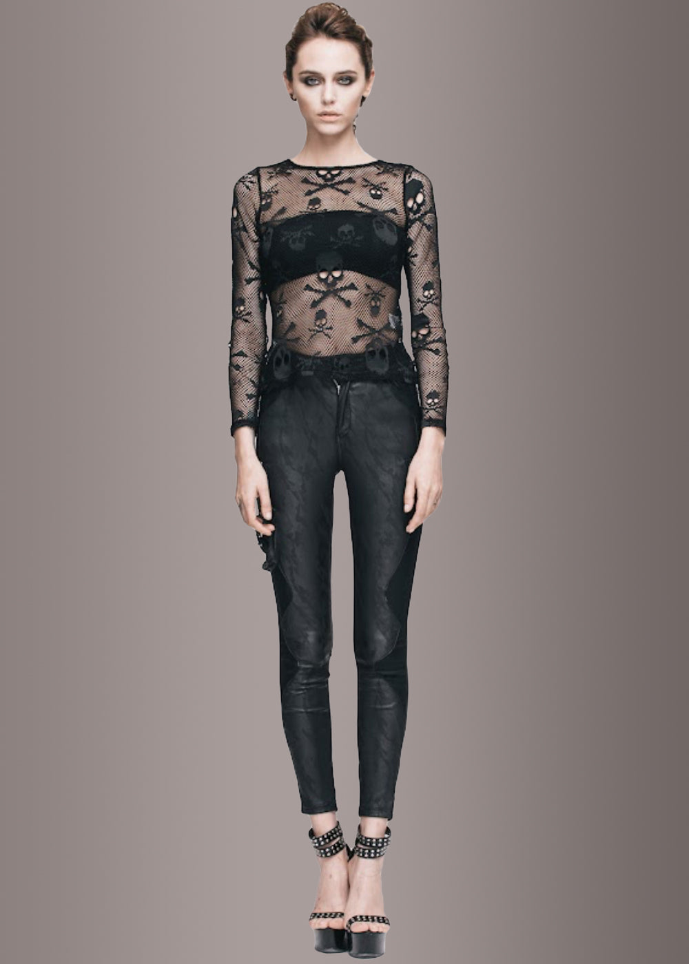 Sheer Long Sleeve Fishnet Top with Skull Design