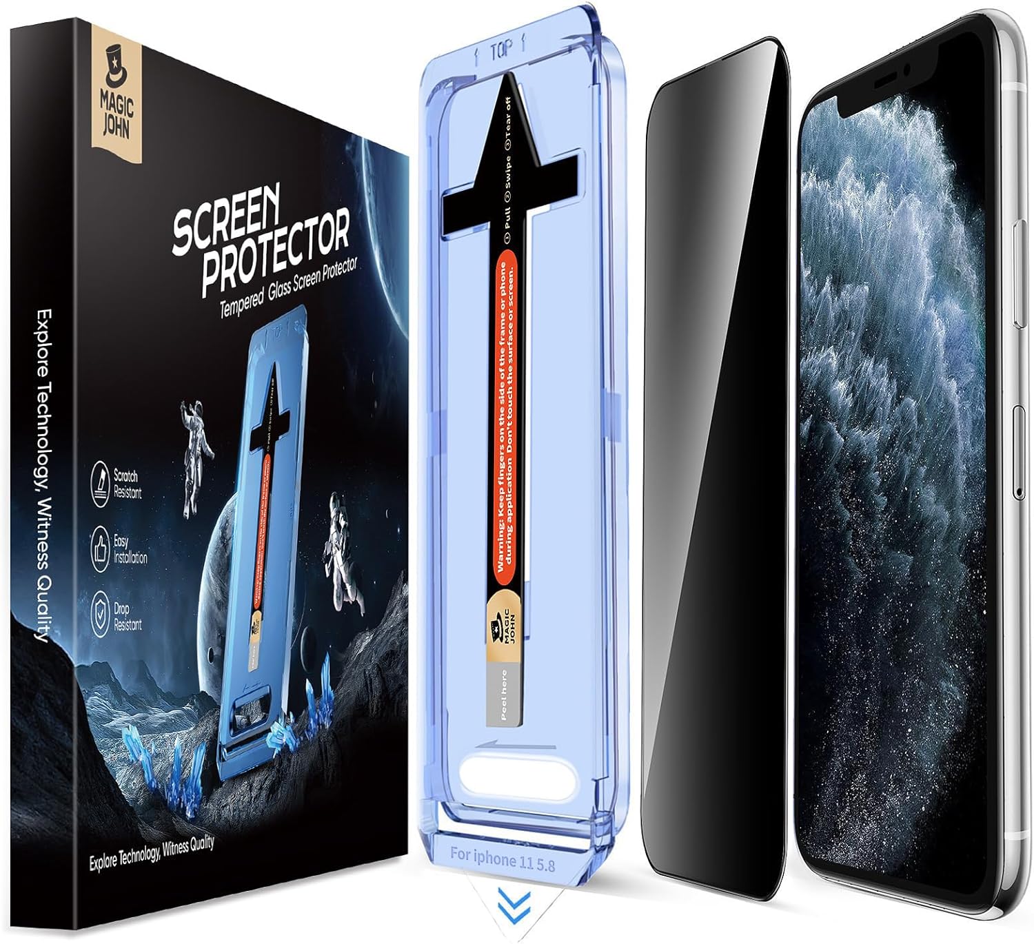 MAGIC JOHN 2 Pack for iPhone 11 Pro/iPhone X/iPhone XS 5.8 inch Privacy Glass Screen Protector, Auto Dust-Elimination Installation, Bubble Free, Easy Installation