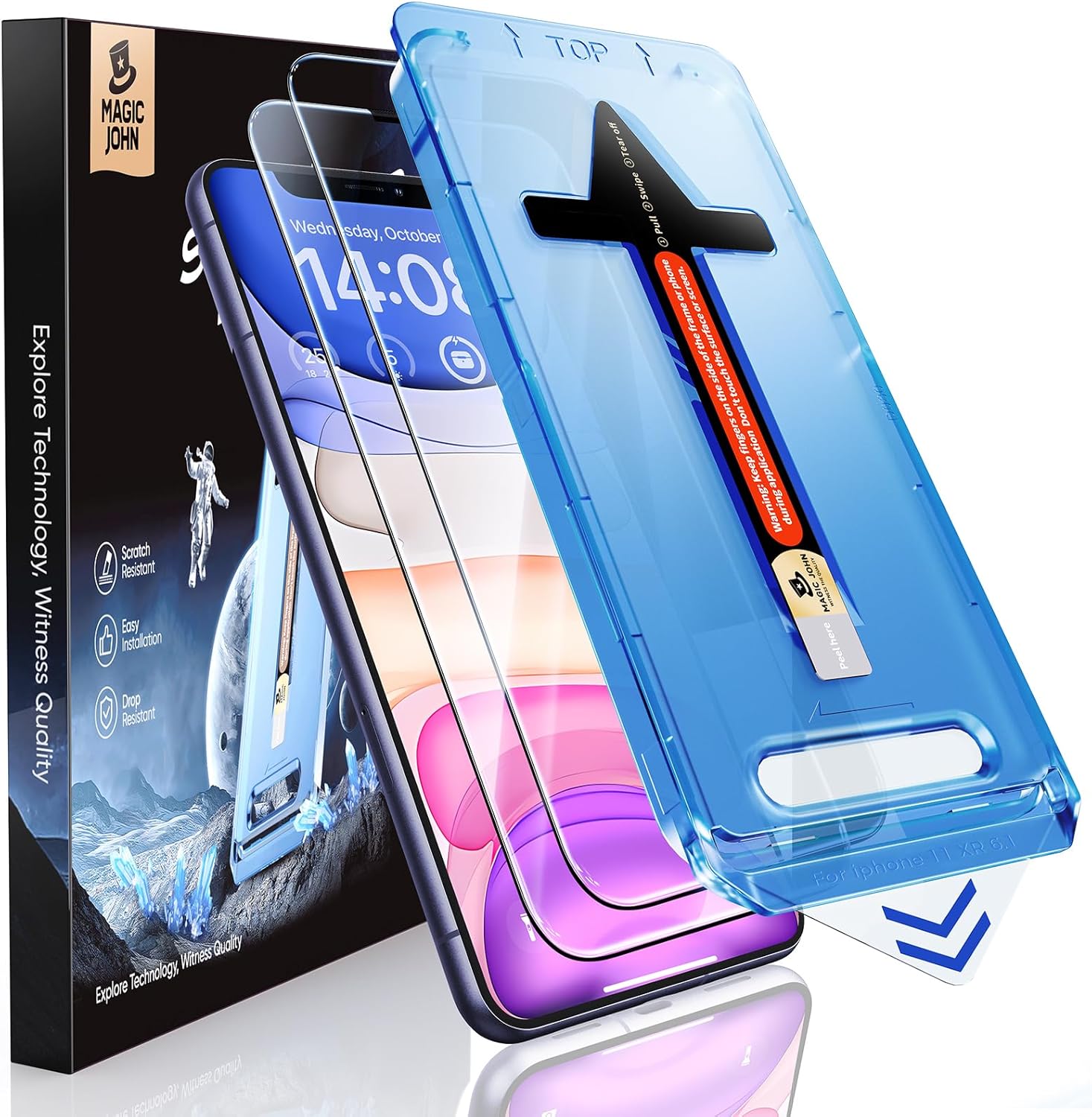 MAGIC JOHN 2 Pack for iPhone 11/iPhone XR 6.1 inch Tempered Glass Screen Protector, Auto Dust-Elimination Installation, Bubble Free, HD Clear, Easy Installation