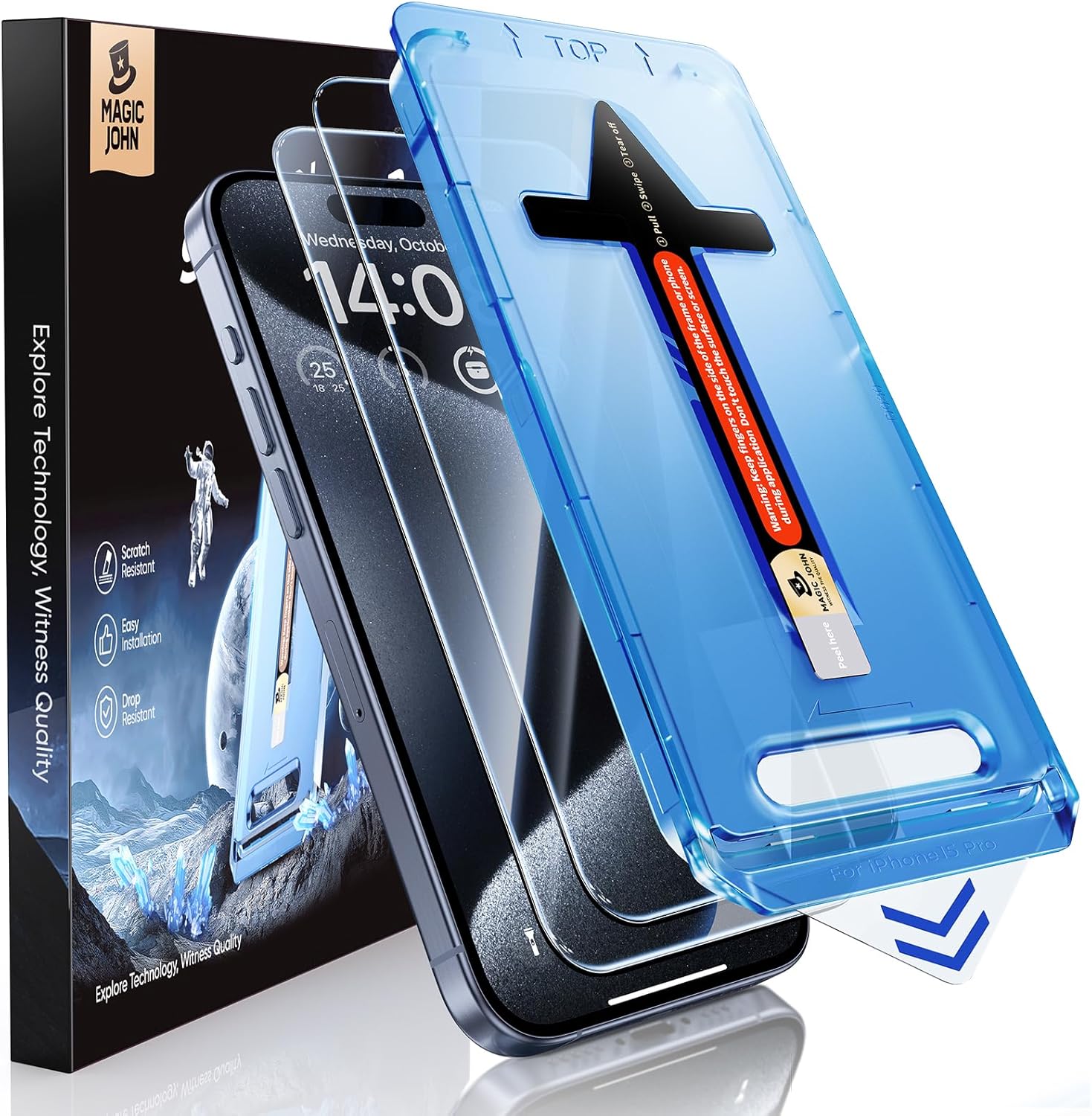 MAGIC JOHN 2 Pack for iPhone 15 Pro (6.1 inch) Tempered Glass Screen Protector, Auto Dust-Elimination Installation, Bubble Free, Dynamic Island Compatible, HD Clear, Easy Installation