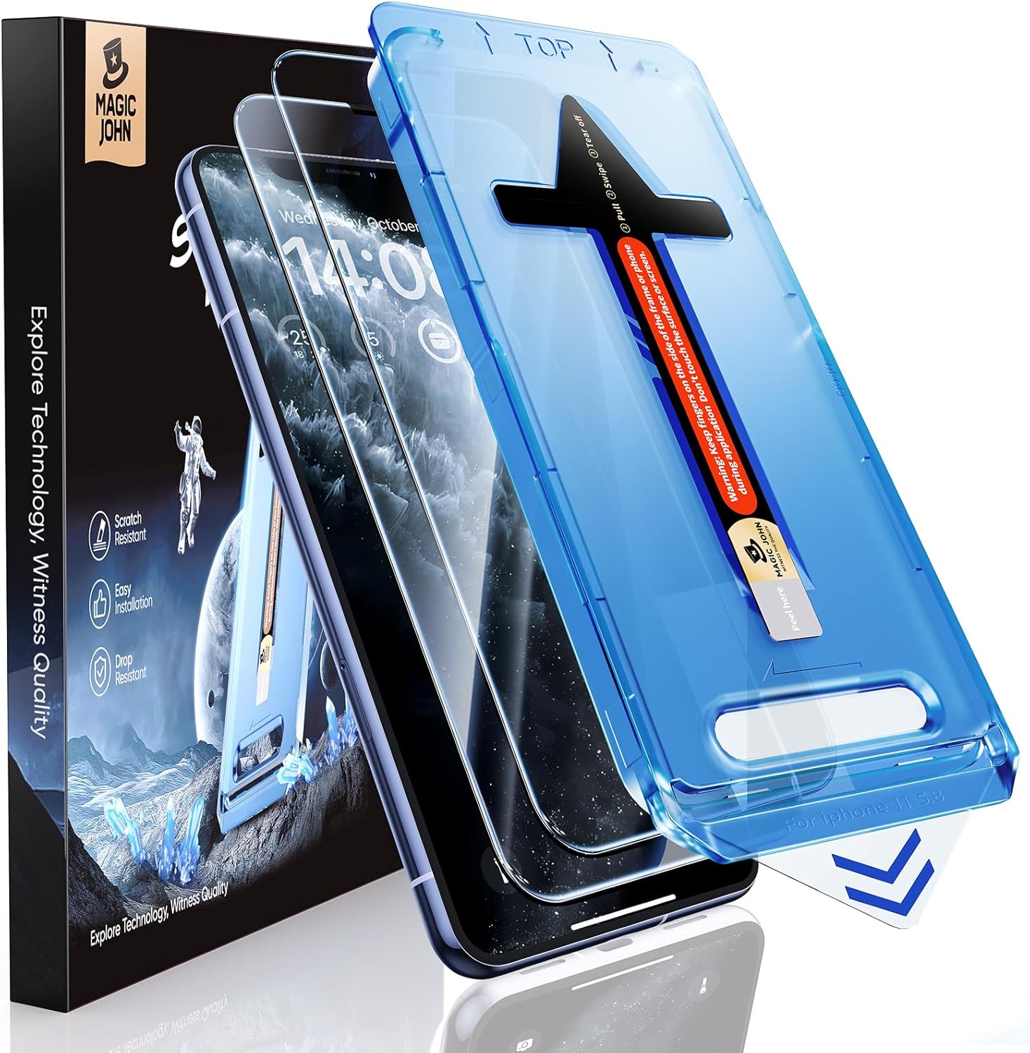 MAGIC JOHN 2 Pack Tempered Glass Screen Protector for iPhone 11 Pro/X/XS, Auto Dust-Elimination Installation, Bubble Free, HD Clear, Easy Installation