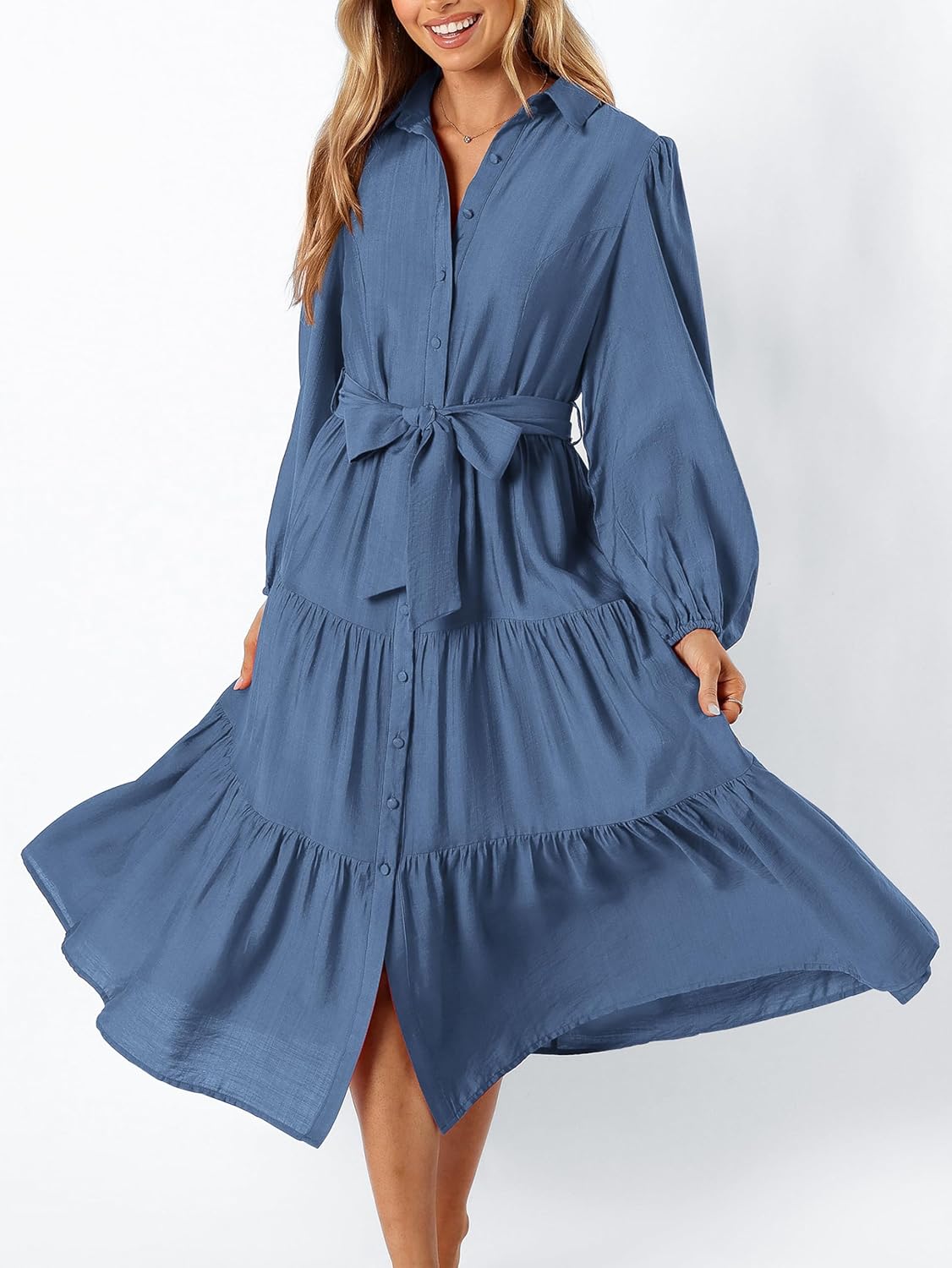 MASCOMODA Womens Dresses 2025 Fall Long Sleeve Midi Dress Casual V Neck Button Down Tiered Flowy Aline Tie Waist Shirt Dress