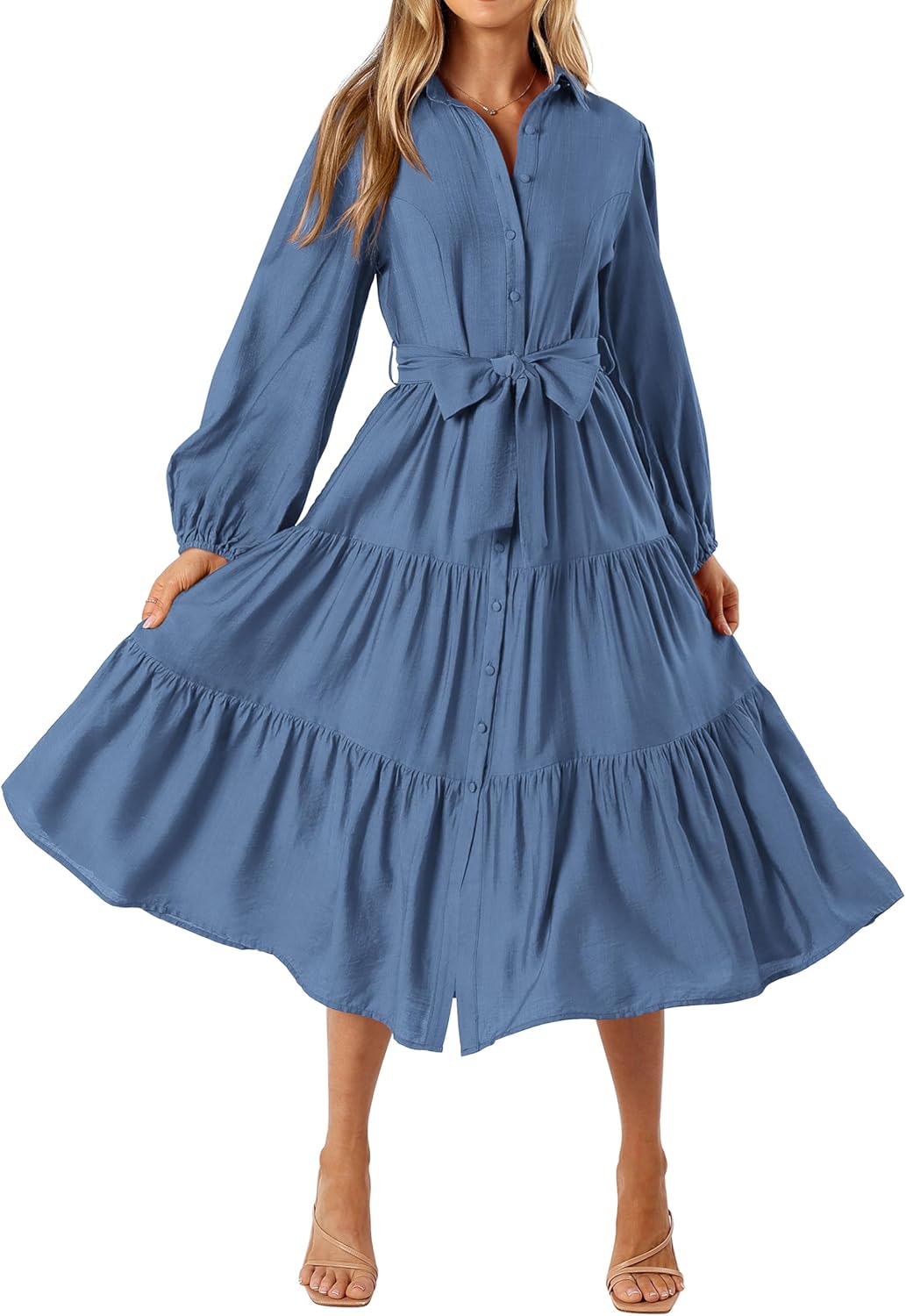 MASCOMODA Womens Dresses 2025 Fall Long Sleeve Midi Dress Casual V Neck Button Down Tiered Flowy Aline Tie Waist Shirt Dress