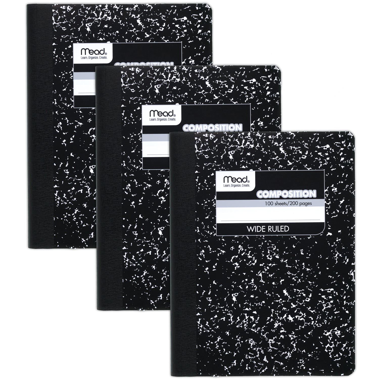 Mead Composition Notebook, 3 Pack, Wide Ruled Paper, 7-1/2" x 9-3/4", 100 Sheets per Comp Book, Black Marble (38301)