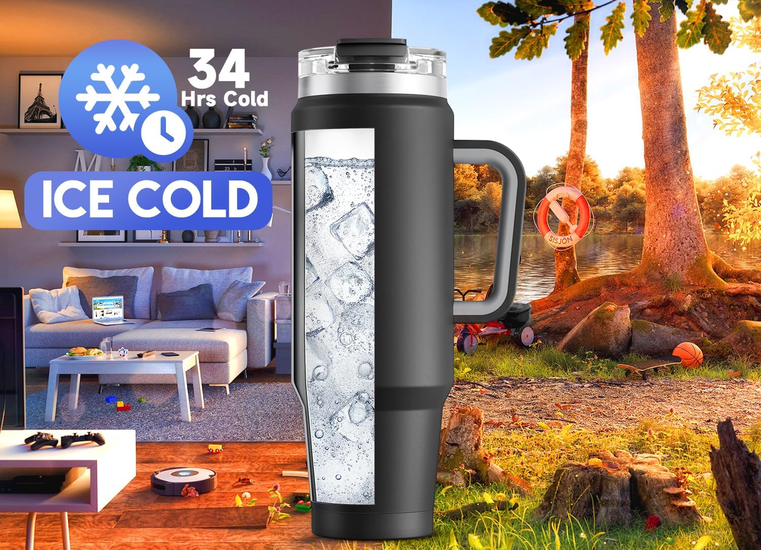 Meoky 40 oz Tumbler with Handle and Straw 2 Pack, Insulated Tumbler with Lid and Straw, Stainless Steel Travel Mug, Keeps Cold for 34 Hours, 100% Leak Proof, Fits in Car Cup Holder (Night & Love)