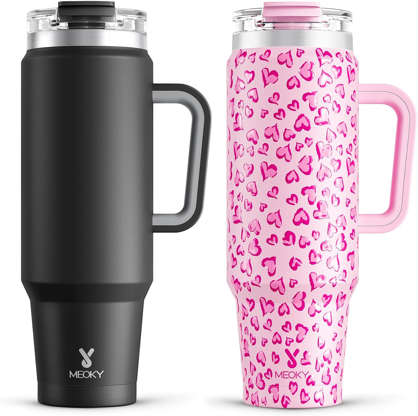 Meoky 40 oz Tumbler with Handle and Straw 2 Pack, Insulated Tumbler with Lid and Straw, Stainless Steel Travel Mug, Keeps Cold for 34 Hours, 100% Leak Proof, Fits in Car Cup Holder (Night & Love)