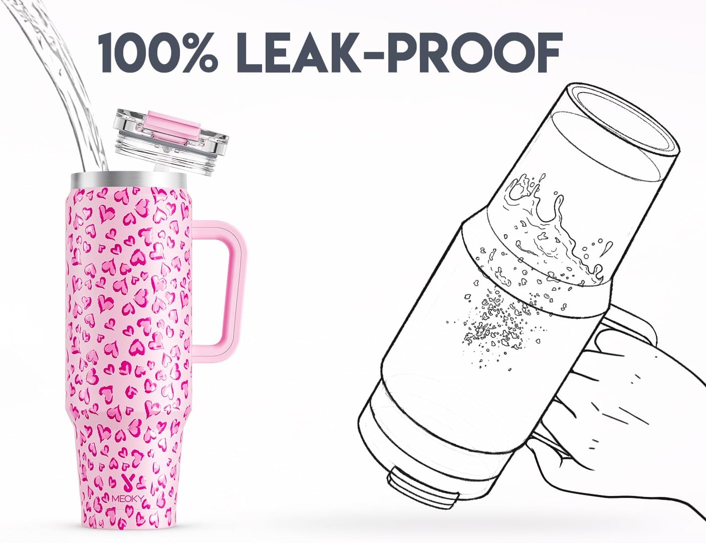 Meoky 40 oz Tumbler with Handle and Straw 2 Pack, Insulated Tumbler with Lid and Straw, Stainless Steel Travel Mug, Keeps Cold for 34 Hours, 100% Leak Proof, Fits in Car Cup Holder (Love & Flamingo)