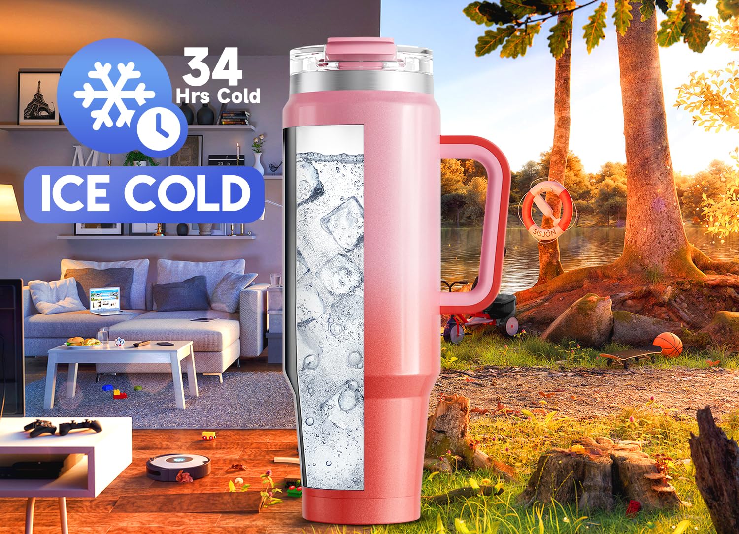 Meoky 40 oz Tumbler with Handle and Straw, Insulated Tumbler with Lid and Straw, Stainless Steel Travel Mug, Keeps Cold for 34 Hours, 100% Leak Proof, Fits in Car Cup Holder (Night)