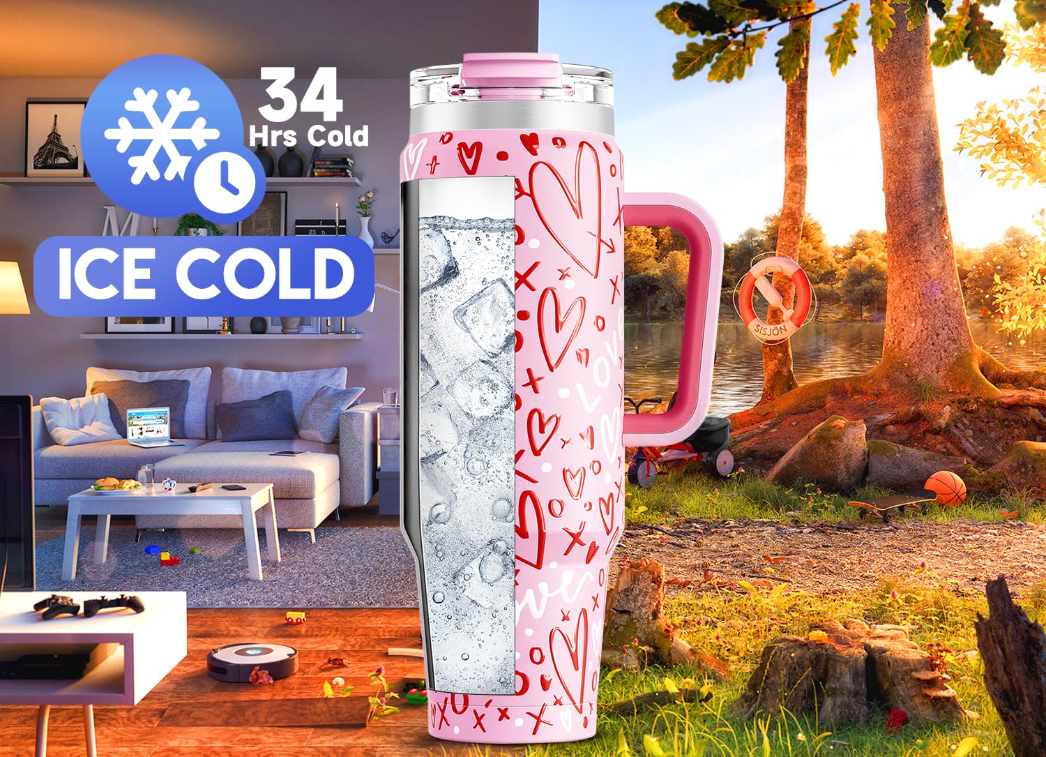 Meoky 40 oz Tumbler with Handle and Straw, Insulated Tumbler with Lid and Straw, Stainless Steel Travel Mug, Keeps Cold for 34 Hours, 100% Leak Proof, Fits in Car Cup Holder (Night)