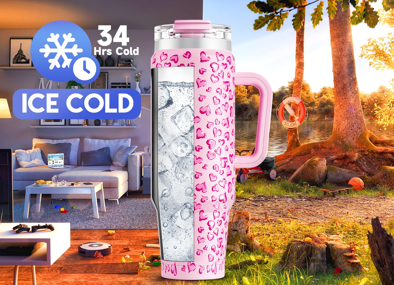 Meoky 40 oz Tumbler with Handle and Straw, Insulated Tumbler with Lid and Straw, Stainless Steel Travel Mug, Keeps Cold for 34 Hours, 100% Leak Proof, Fits in Car Cup Holder (Night)