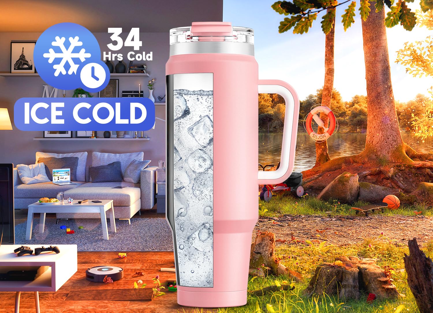 Meoky 40 oz Tumbler with Handle and Straw, Insulated Tumbler with Lid and Straw, Stainless Steel Travel Mug, Keeps Cold for 34 Hours, 100% Leak Proof, Fits in Car Cup Holder (Night)