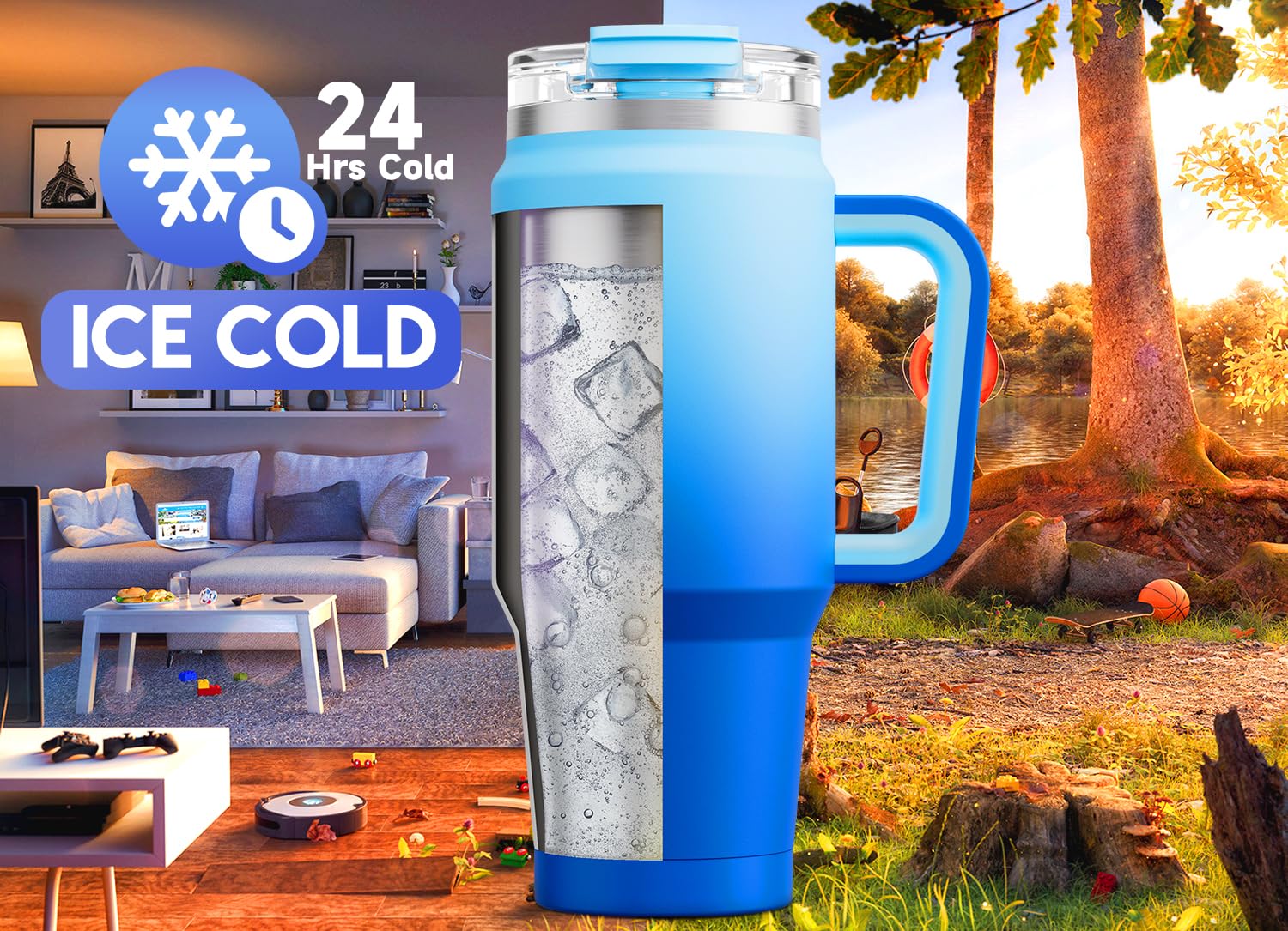 Meoky 40 oz Tumbler with Handle and Straw, Insulated Tumbler with Lid and Straw, Stainless Steel Travel Mug, Keeps Cold for 34 Hours, 100% Leak Proof, Fits in Car Cup Holder (Night)