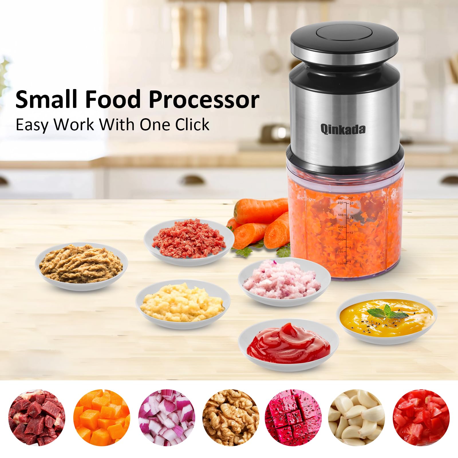 Mini Food Processor, 2.5 Cup/ 600 ML Baby Food Maker, 400 W Power Electric Grinder Chopper for Fruit, Vegetable, Meat, Baby Food Puree Blender (Sliver)