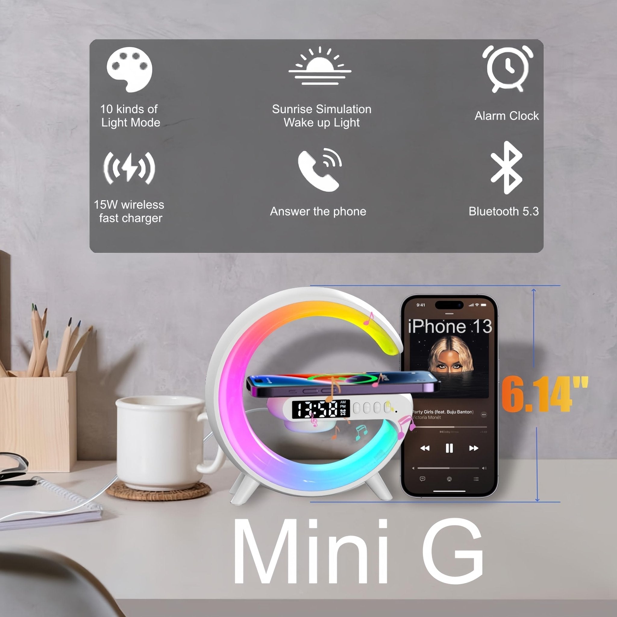 Mini G Atmosphere Lamp with Bluetooth Speaker, LED Table Lamp with Wireless Charger, Night Light Lamp Sunrise Alarm Clock, Smart Light Sound Machine for Bedroom【Mini Size 𝐆𝟔】