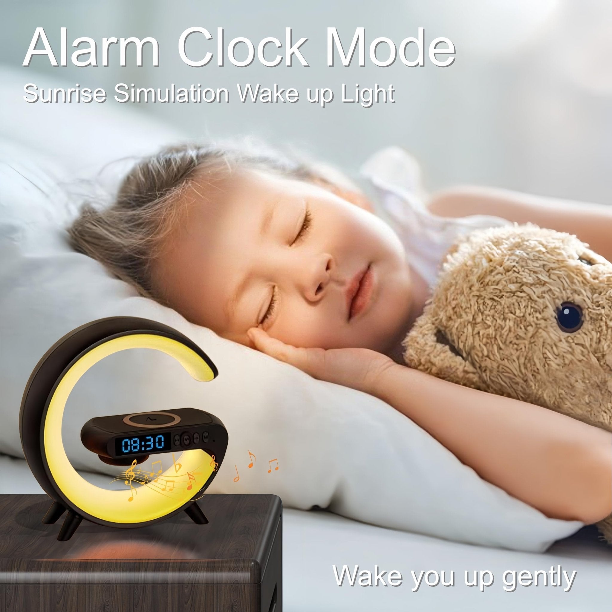 Mini G Atmosphere Lamp with Bluetooth Speaker, LED Table Lamp with Wireless Charger, Night Light Lamp Sunrise Alarm Clock, Smart Light Sound Machine for Bedroom【Mini Size 𝐆𝟔】