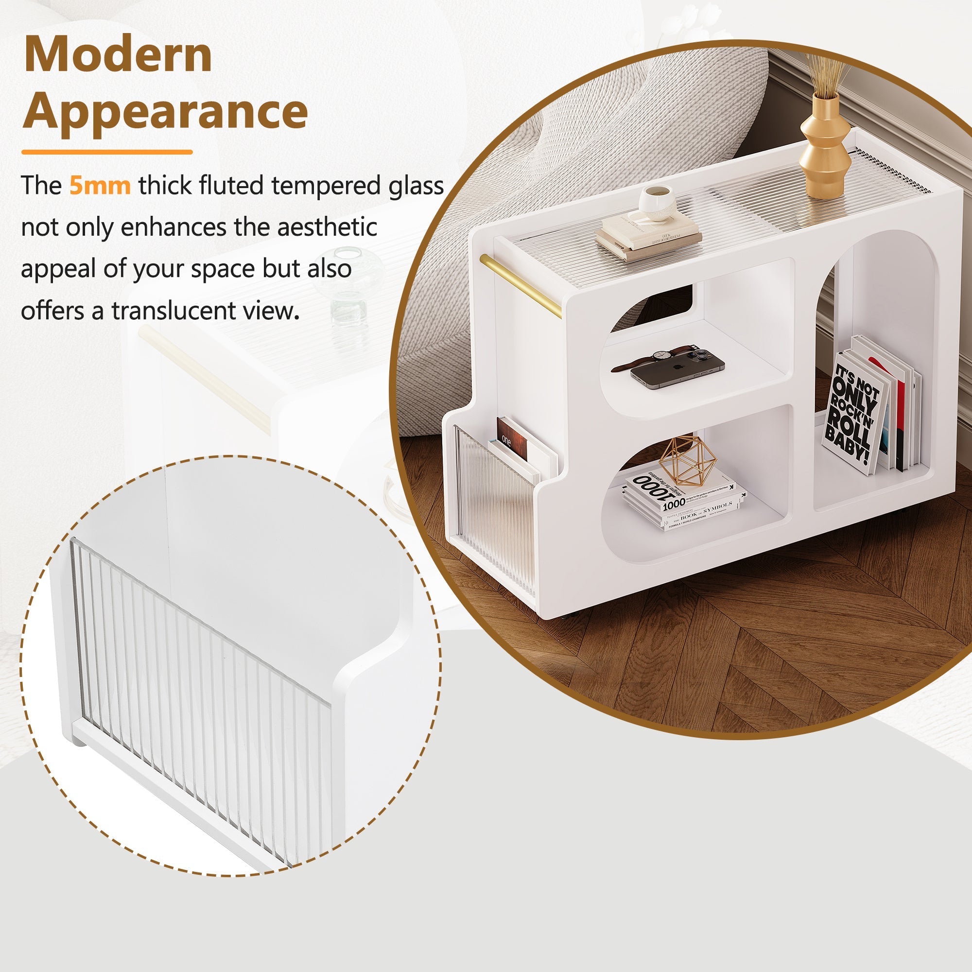 Mobile End Table with Lockable Wheels, Narrow Coffee Table with 5mm Thick Fluted Tempered Glass, Modern Nightstand with Golden Round Rod, Living Room, 31.5''W x11.8''D x 23.1''H