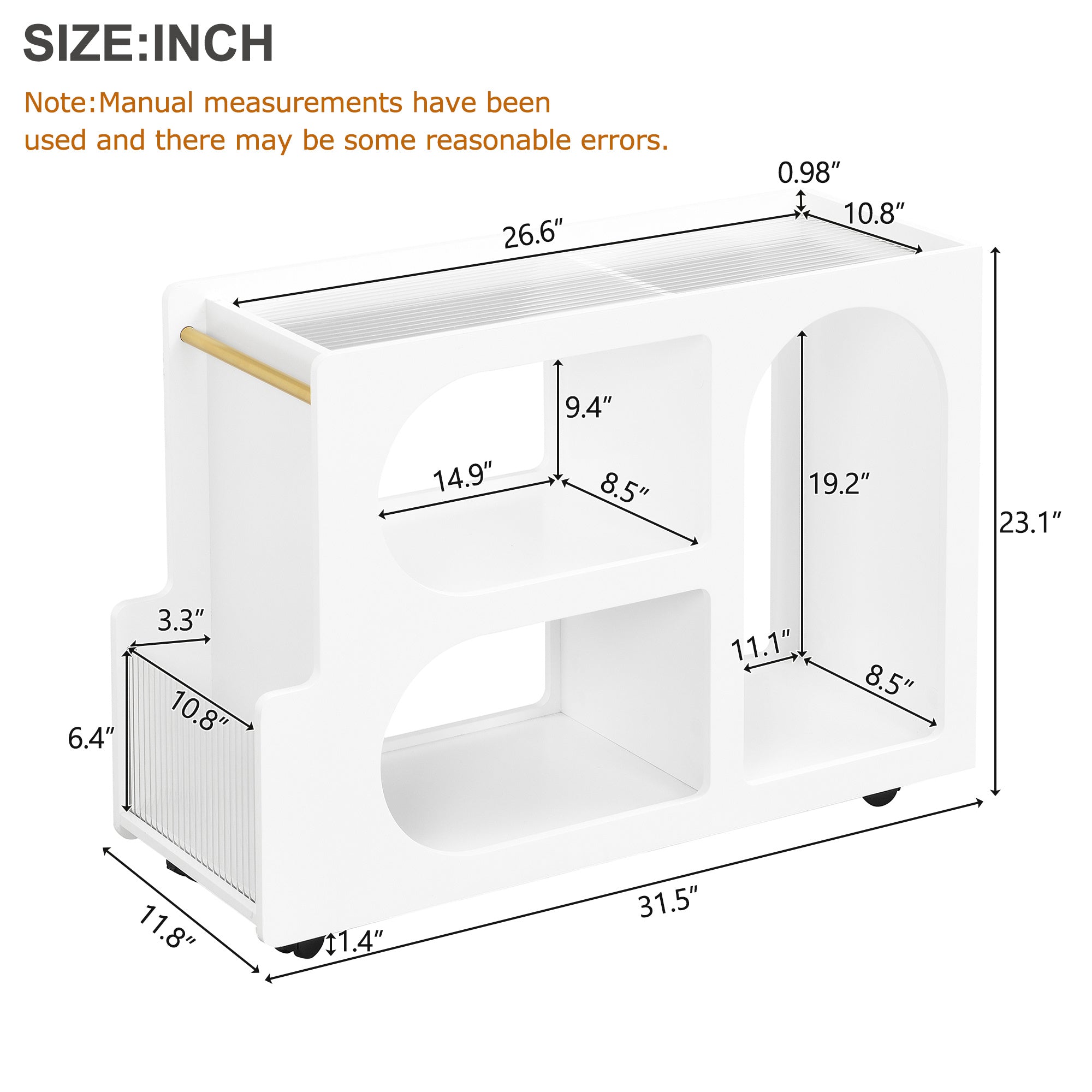 Mobile End Table with Lockable Wheels, Narrow Coffee Table with 5mm Thick Fluted Tempered Glass, Modern Nightstand with Golden Round Rod, Living Room, 31.5''W x11.8''D x 23.1''H