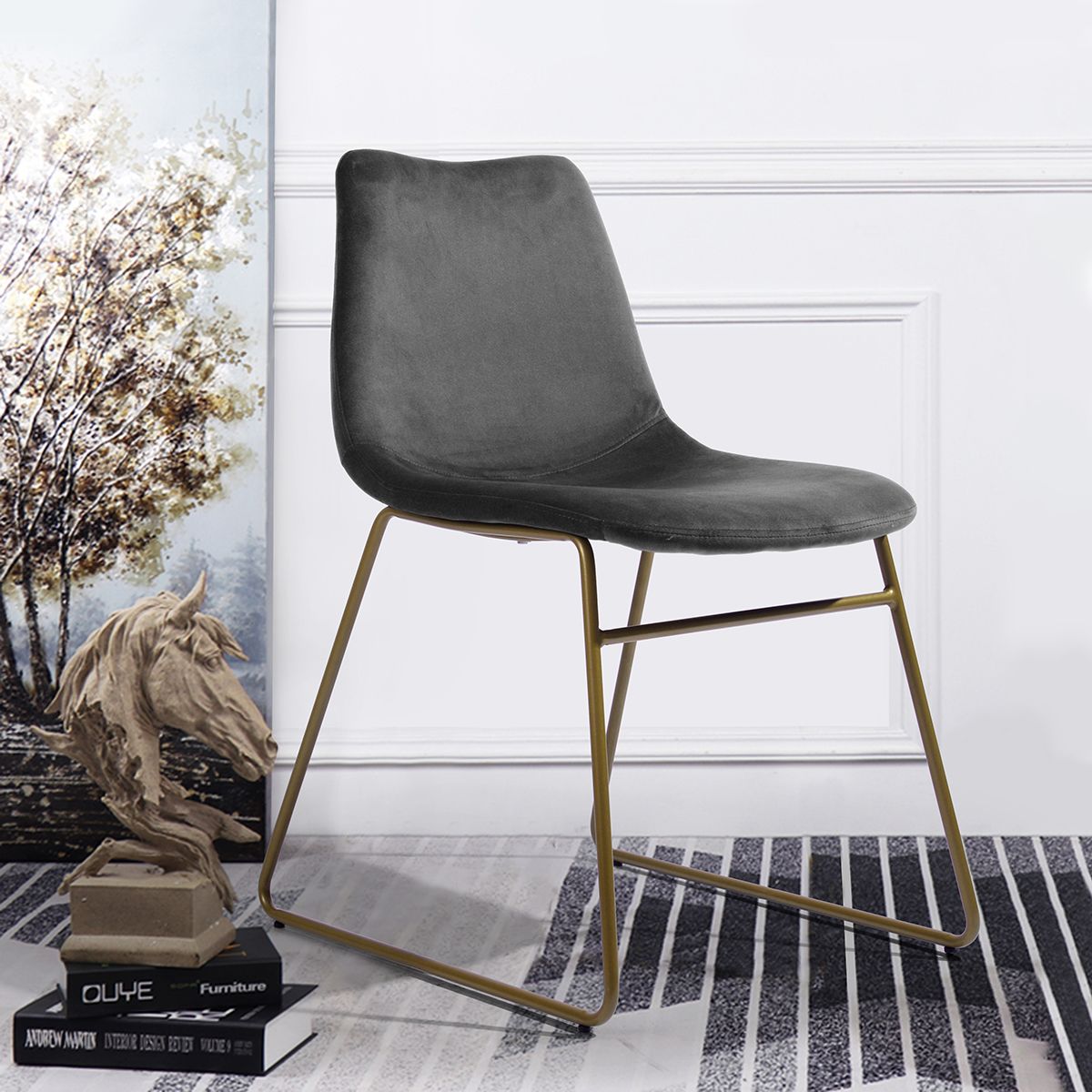 Modern Dining Chairs Set of 2; Velvet Upholstered Side Chairs with Golden Metal Legs for Dining Room Furniture