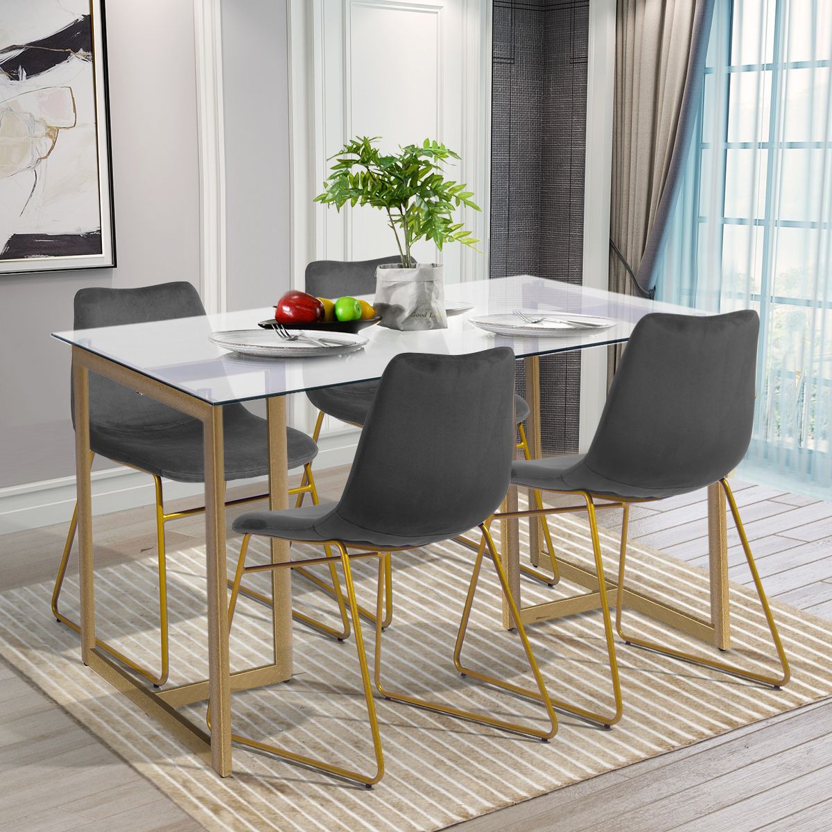 Modern Dining Chairs Set of 2; Velvet Upholstered Side Chairs with Golden Metal Legs for Dining Room Furniture