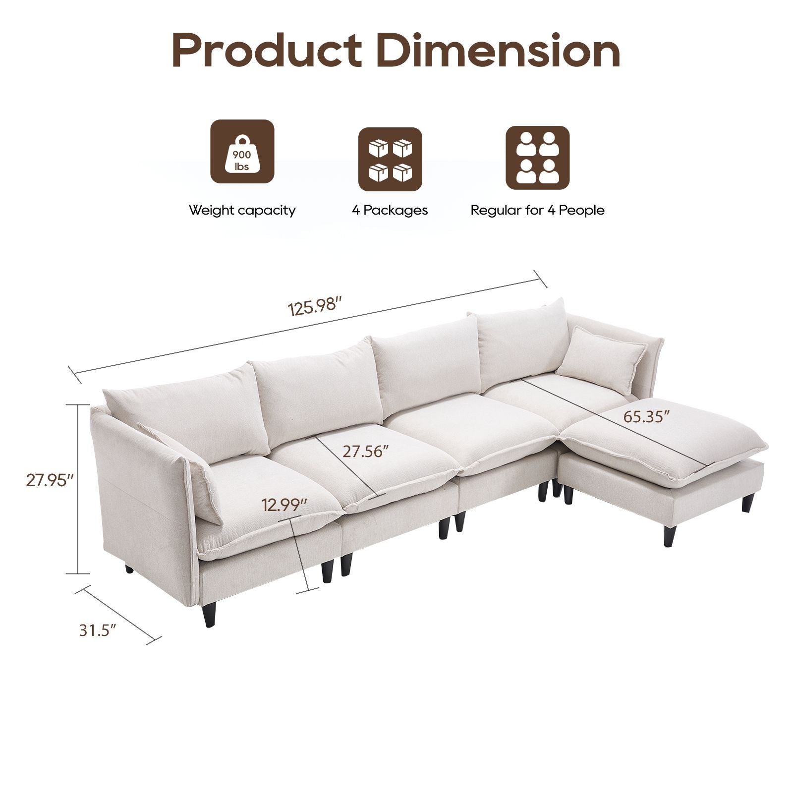 Modular Sectional Sofa, L Shaped Couch Set for Living Room, 4-Seater Comfy Cloud Couches with Movable Ottoman Beige