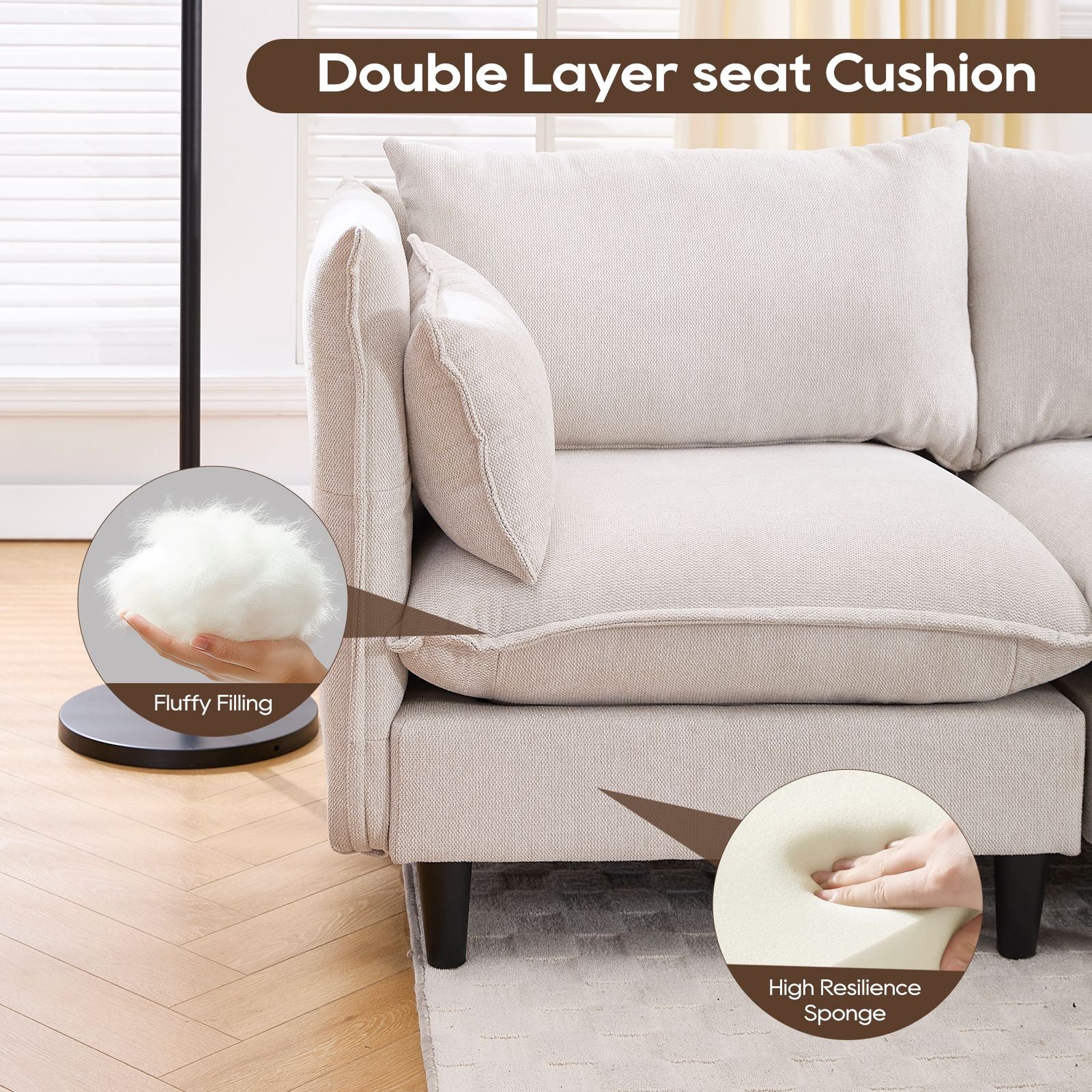 Modular Sectional Sofa, L Shaped Couch Set for Living Room, 4-Seater Comfy Cloud Couches with Movable Ottoman Beige