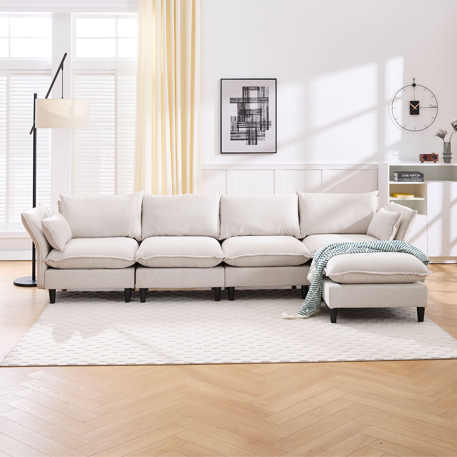 Modular Sectional Sofa, L Shaped Couch Set for Living Room, 4-Seater Comfy Cloud Couches with Movable Ottoman Beige
