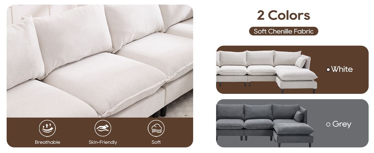 Modular Sectional Sofa, L Shaped Couch Set for Living Room, 4-Seater Comfy Cloud Couches with Movable Ottoman Beige