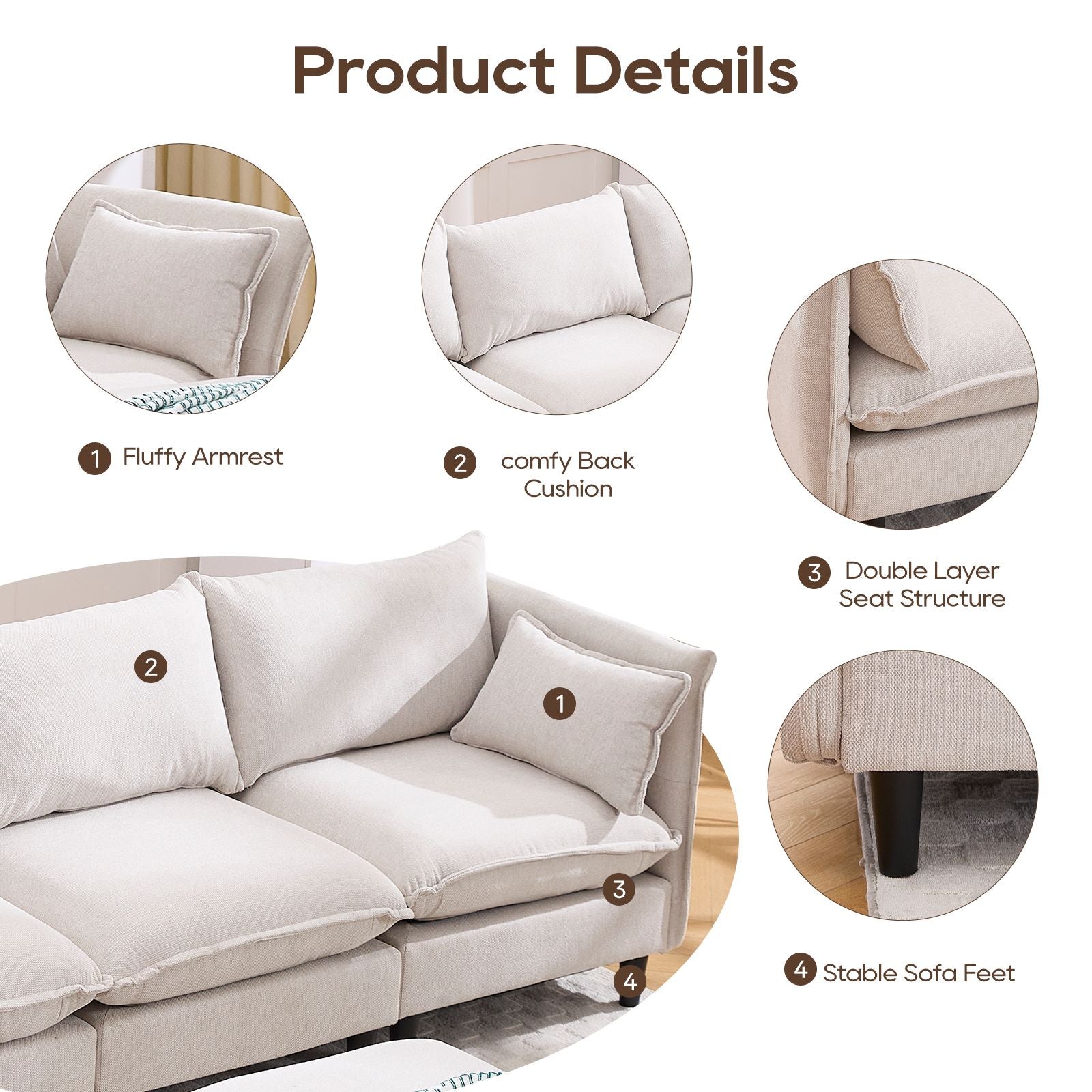 Modular Sectional Sofa, L Shaped Couch Set for Living Room, 4-Seater Comfy Cloud Couches with Movable Ottoman Beige