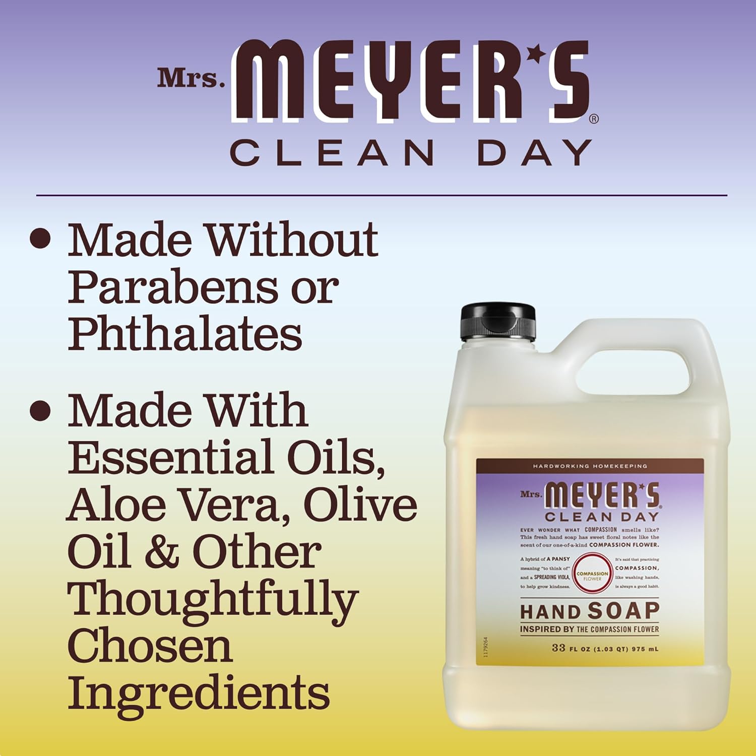 MRS. MEYER'S CLEAN DAY Hand Soap Refill, Made with Essential Oils, Biodegradable Formula, Compassion Flower, Packaging May Vary, 33 fl. oz